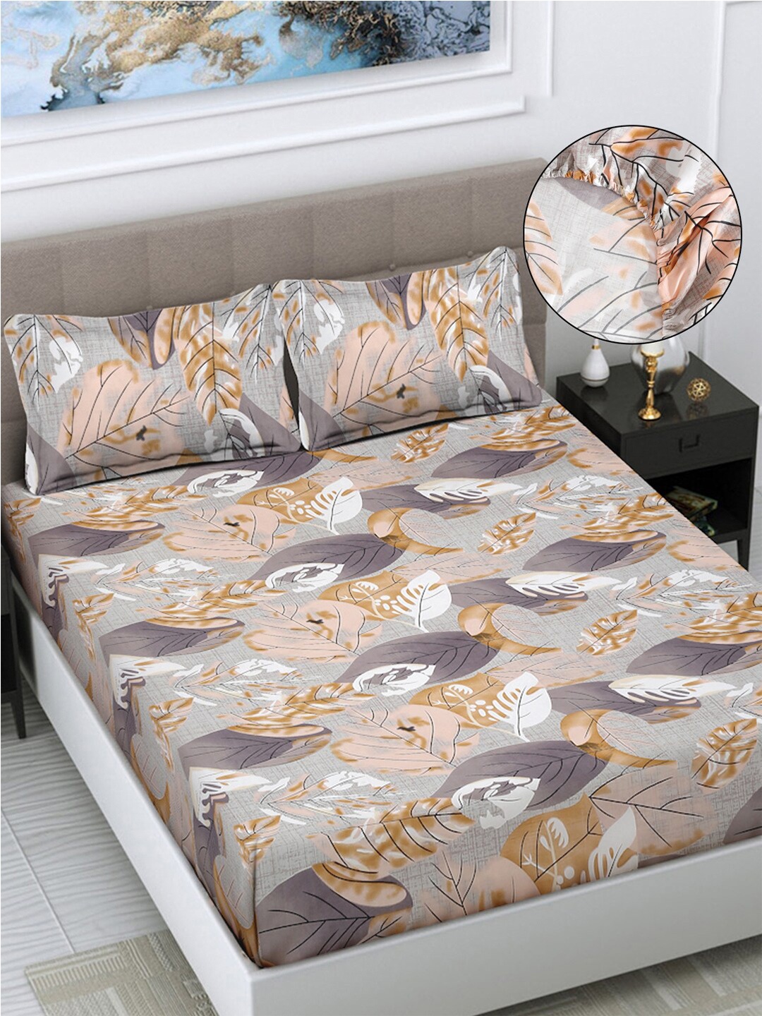 FABINALIV Grey & Brown Floral Print 300 TC Fitted King Bedsheet & 2 Pillow Covers
FABINALIV Grey & Brown Floral Print 300 TC Fitted King Bedsheet & 2 Pillow Covers