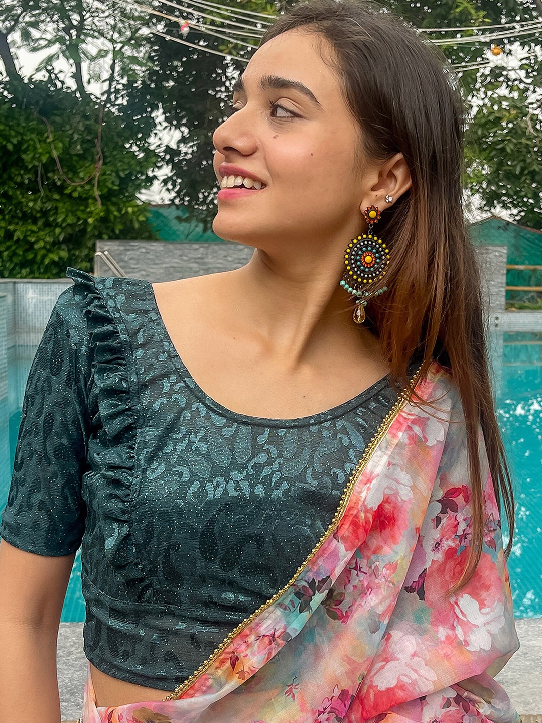 Bindigasm's Advi Woven Design Ruffles Detailed Stretchable Jacquard Saree Blouse, Green
Bindigasm's Advi Woven Design Ruffles Detailed Stretchable Jacquard Saree Blouse, Green