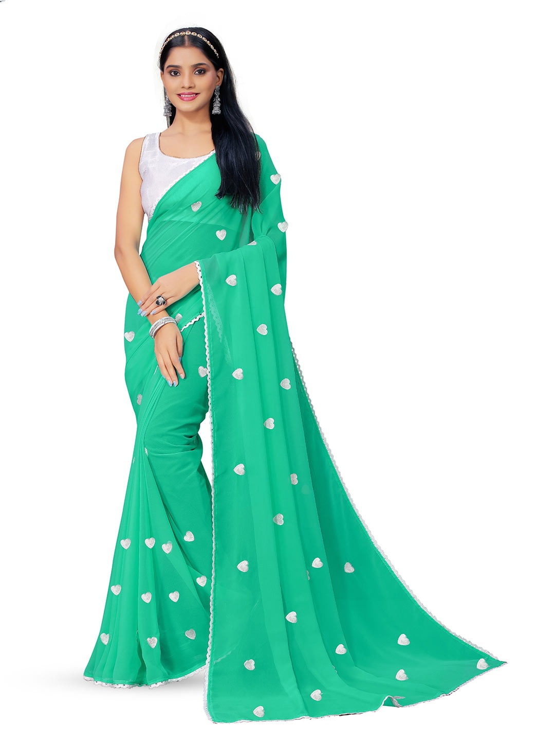 KALINI Sea Green and White Floral Embroidered Pure Georgette Fusion Saree