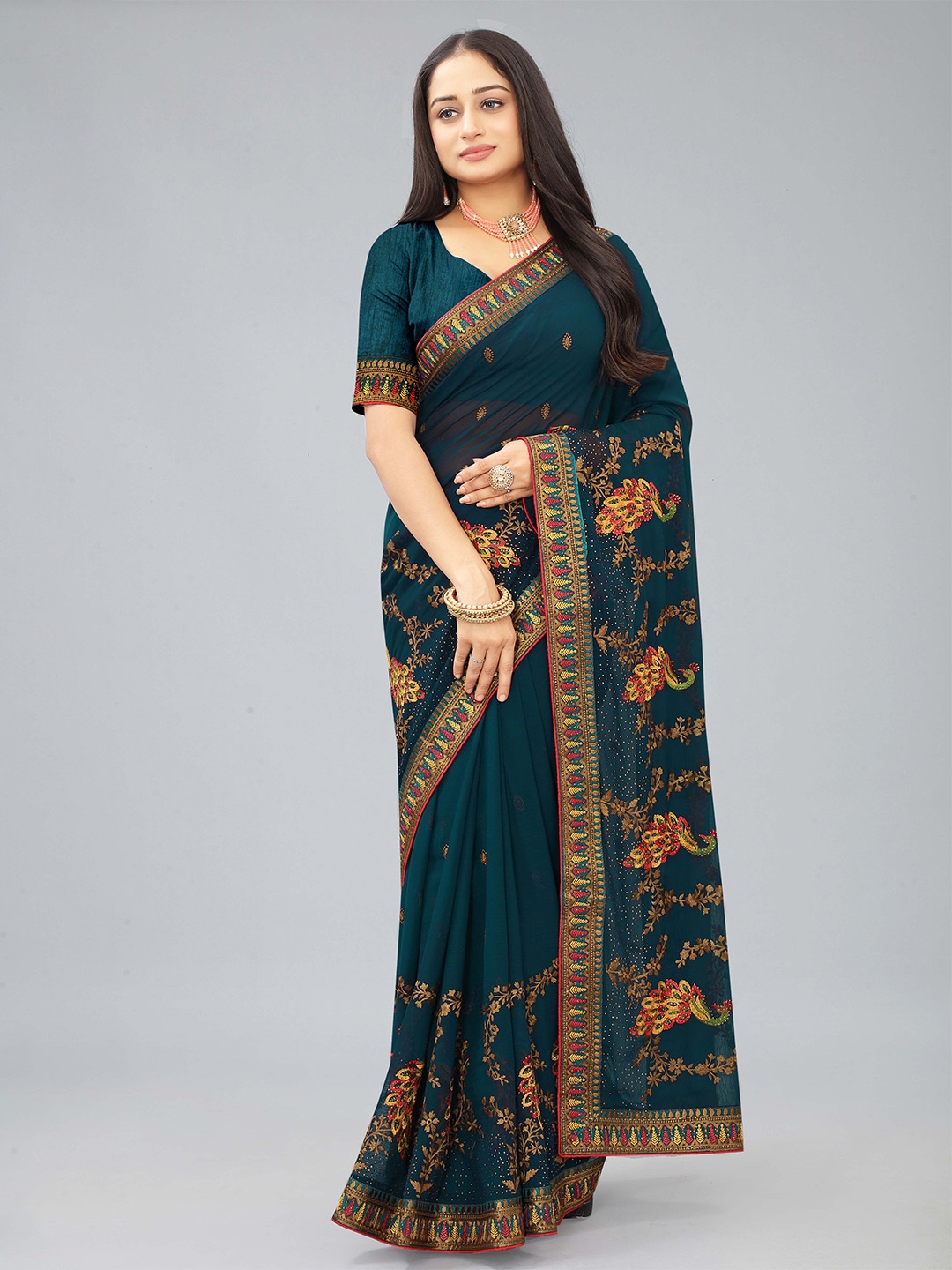 Kiwie Ethnic Motifs Printed Heavy Work Saree, Teal
