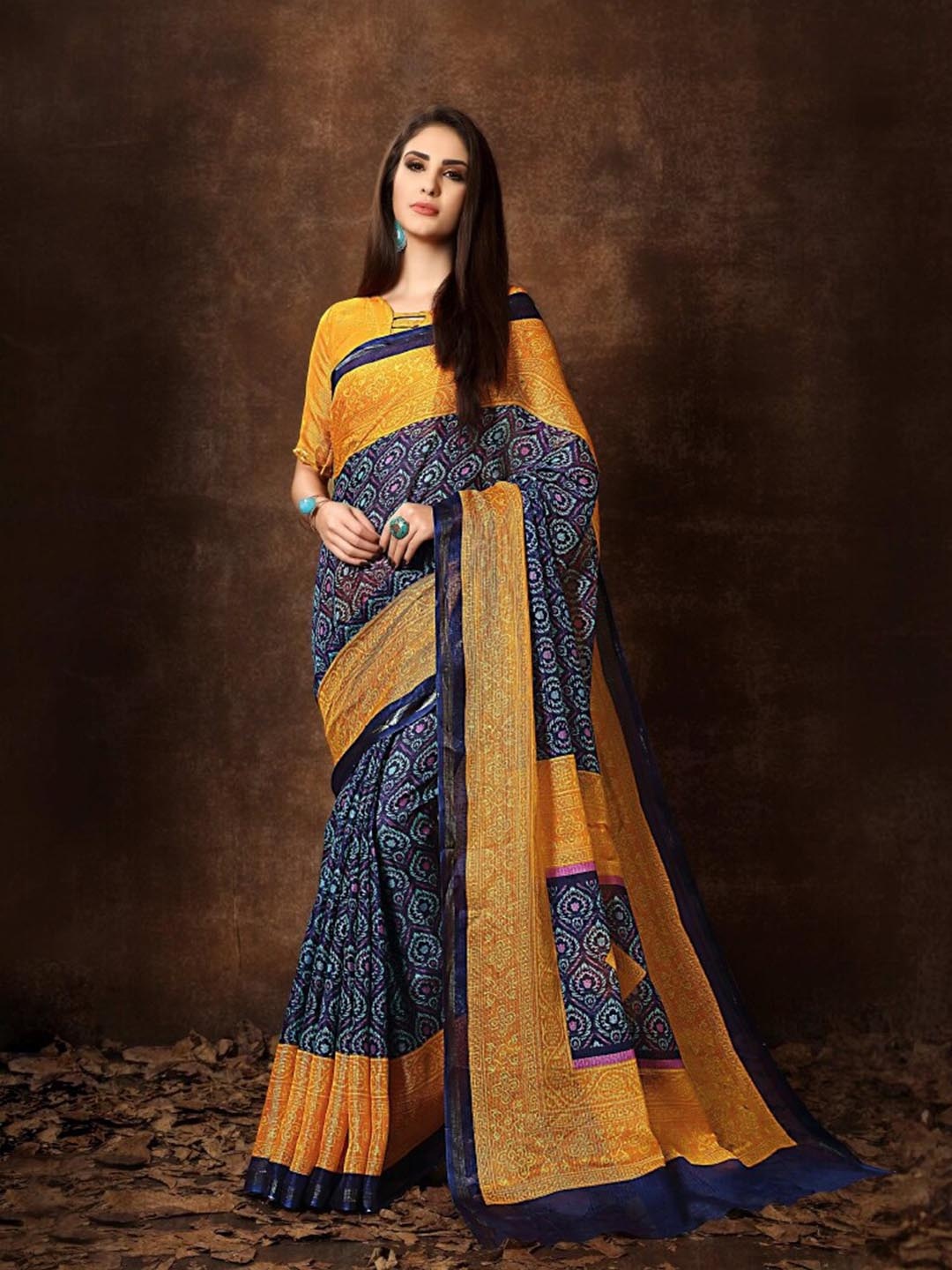 HRITIKA Ethnic Motifs Printed Zari Saree, Navy blue