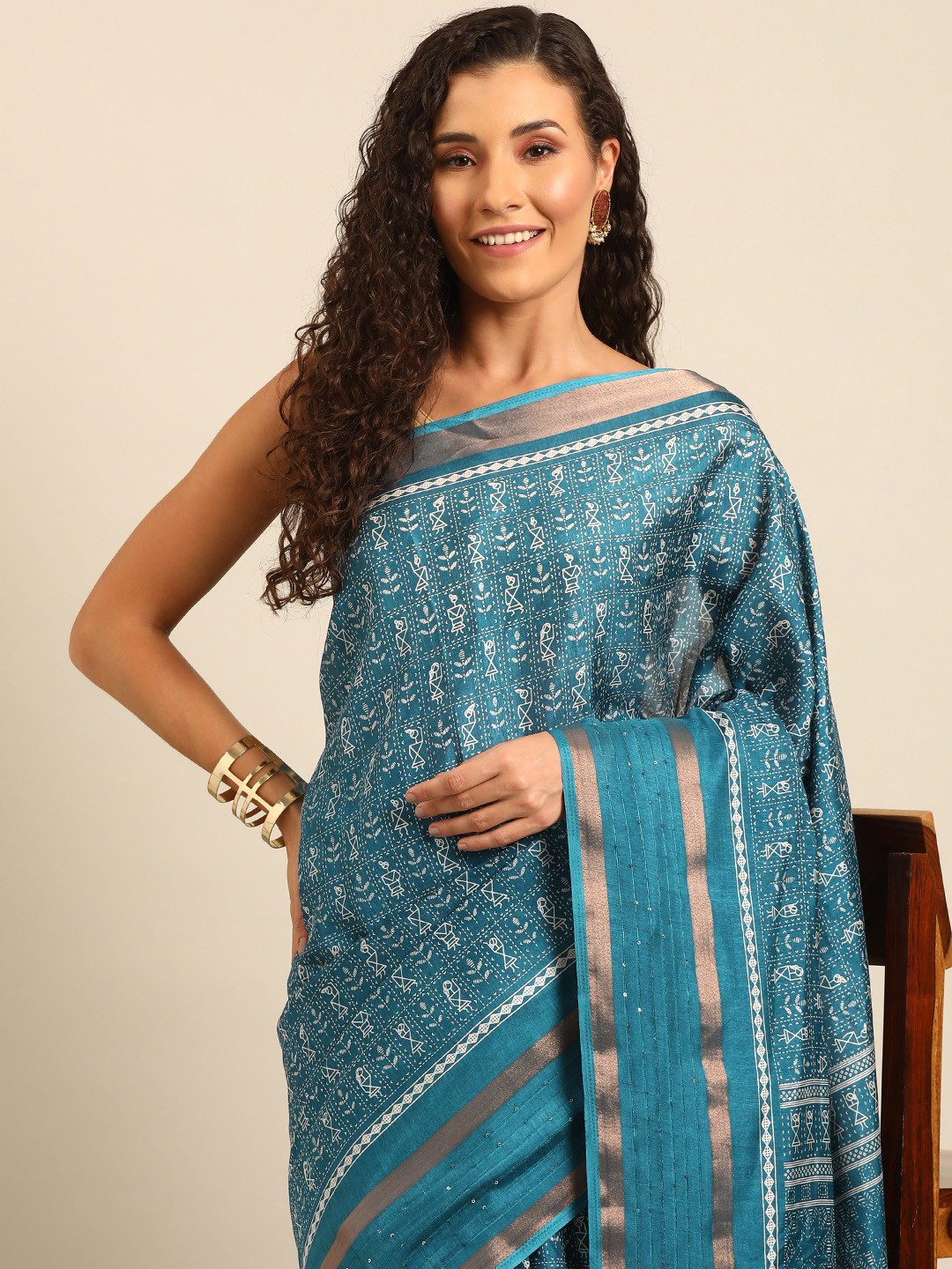 Isadora Life Warli Printed Zari Ready to Wear Bomkai Silk Saree, Blue 
Isadora Life Warli Printed Zari Ready to Wear Bomkai Silk Saree, Blue