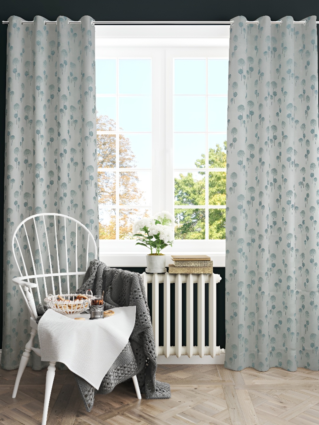 LAFIONA White & Blue 2 Pcs Floral Room Darkening Long Door Curatins