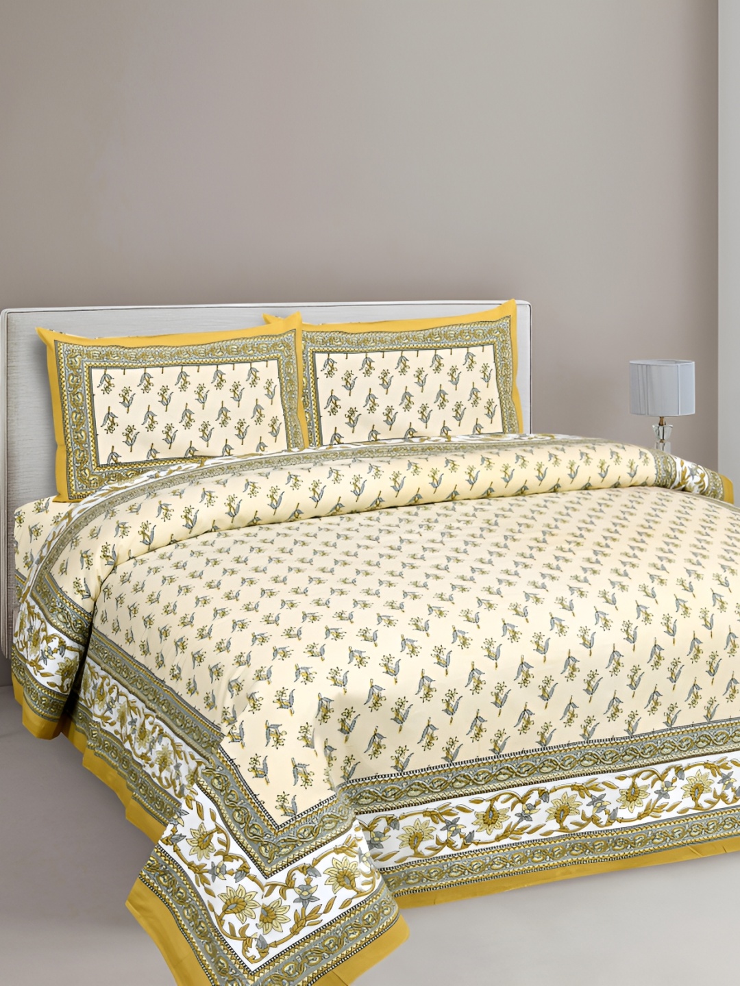 Texstylers Mustard & Grey Floral Cotton 144 TC Queen Bedsheet with 2 Pillow Covers 120 GSM
Texstylers Mustard & Grey Floral Cotton 144 TC Queen Bedsheet with 2 Pillow Covers 120 GSM