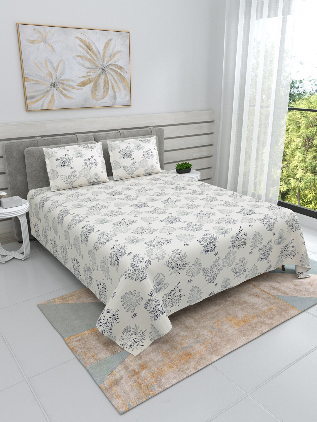 DREAM WEAVERZ White & Blue Floral Cotton 220 TC Super King Bedsheet With 2 Pillow Covers, Beige
DREAM WEAVERZ White & Blue Floral Cotton 220 TC Super King Bedsheet With 2 Pillow Covers, Beige
