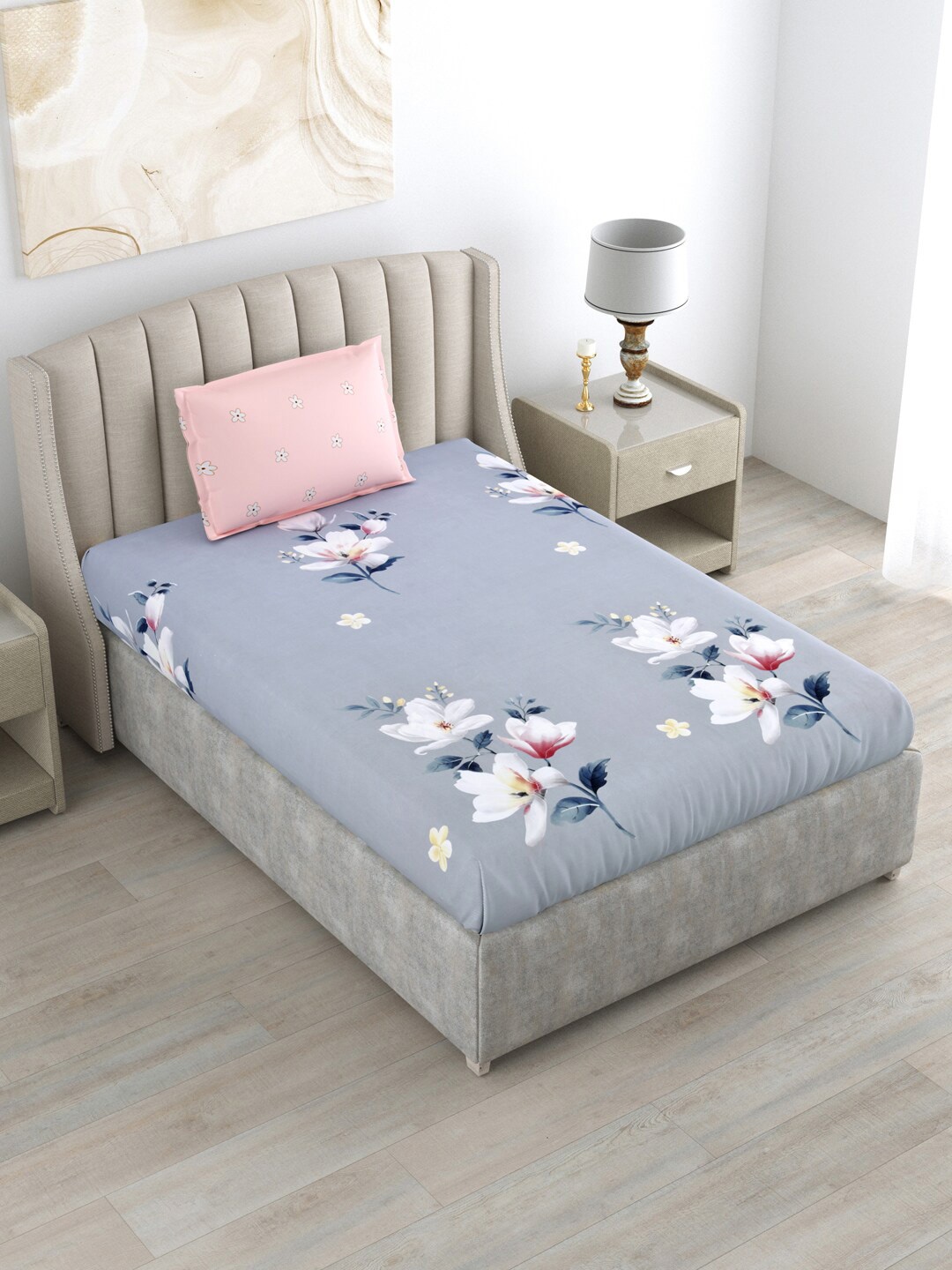 DREAM WEAVERZ Blue & Pink Floral Pure Cotton 220 TC Single Bedsheet with 1 Pillow Cover, Grey
DREAM WEAVERZ Blue & Pink Floral Pure Cotton 220 TC Single Bedsheet with 1 Pillow Cover, Grey