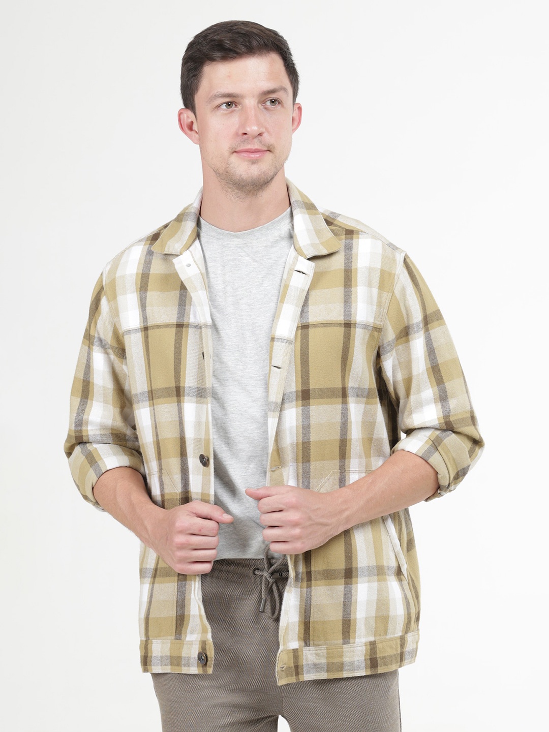 POE Smart Tartan Checks Slim Fit Pure Cotton Shackets, Yellow
