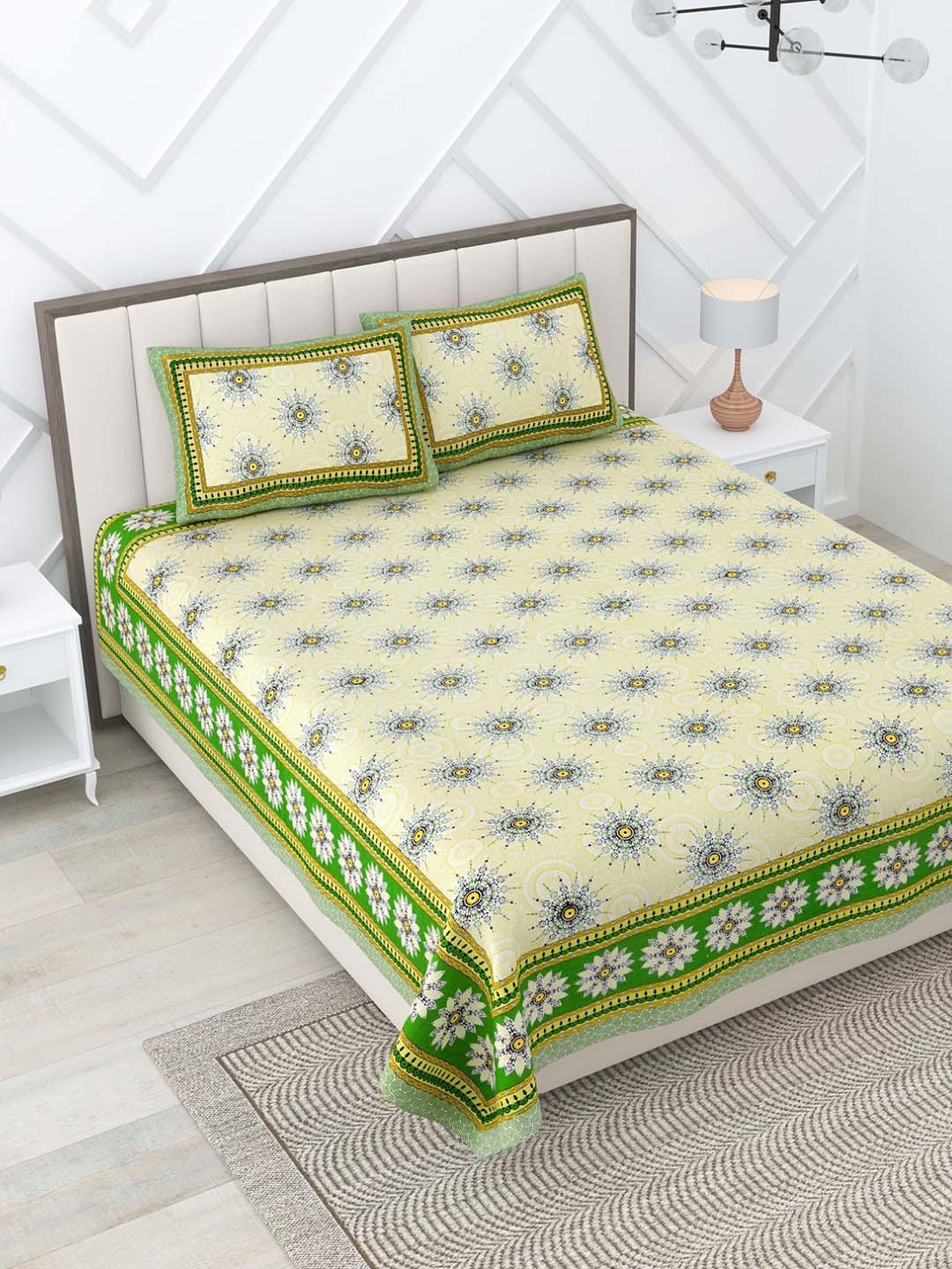 Rajasthanikart Green & Yellow Floral Pure Cotton 144 TC King Bedsheet with 2 Pillow Covers
Rajasthanikart Green & Yellow Floral Pure Cotton 144 TC King Bedsheet with 2 Pillow Covers