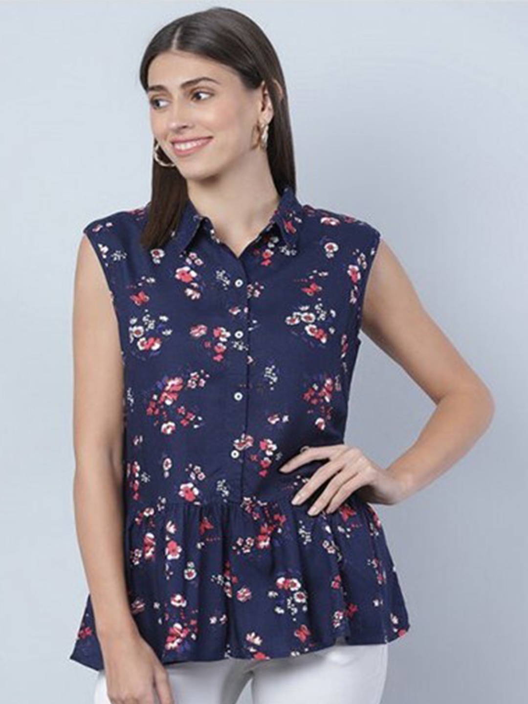 Aila Floral Printed Shirt Collar Gathered Sleeveless Cotton Shirt Style Top, Navy blue
Aila Floral Printed Shirt Collar Gathered Sleeveless Cotton Shirt Style Top, Navy blue
