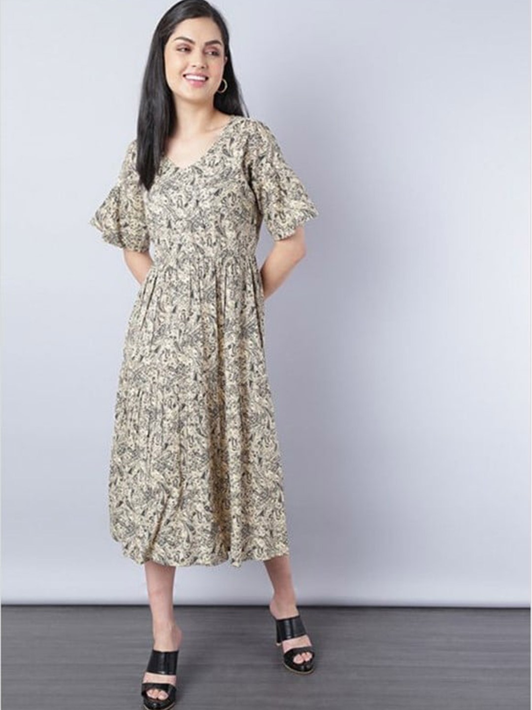 Aila Ethnic Motifs Printed V-Neck Flared Sleeve Gathered Fit & Flare Midi Dress, Beige
Aila Ethnic Motifs Printed V-Neck Flared Sleeve Gathered Fit & Flare Midi Dress, Beige