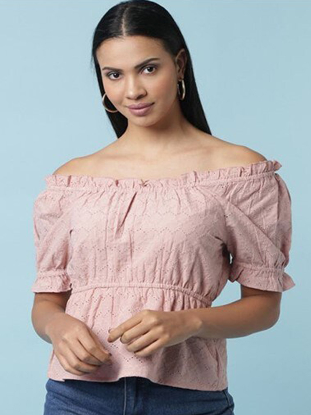 Aila Off-Shoulder Puff Sleeves Schiffli Cotton Cinched Waist Top, Pink
Aila Off-Shoulder Puff Sleeves Schiffli Cotton Cinched Waist Top, Pink