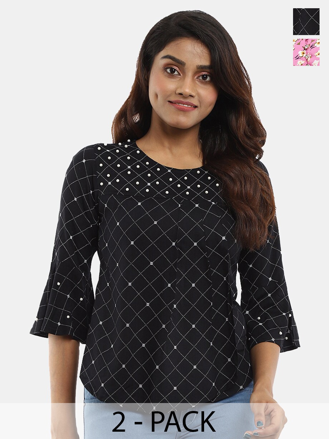 V-Mart Pack Of 2 Printed Cotton Tops, Black
