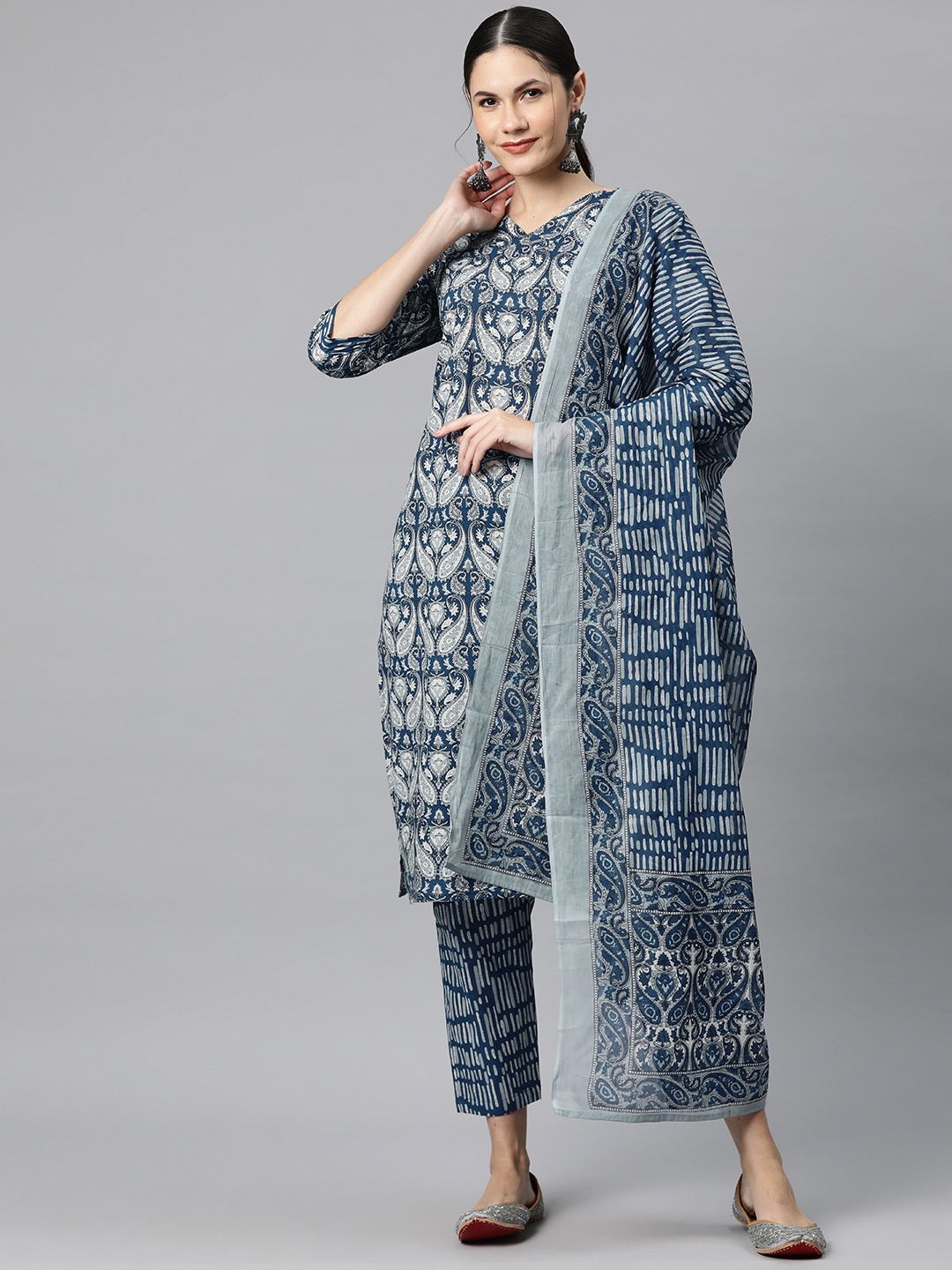 Readiprint Paisley Printed Mirror Work Pure Cotton Kurta with Trousers & Dupatta, Navy blue
Readiprint Paisley Printed Mirror Work Pure Cotton Kurta with Trousers & Dupatta, Navy blue