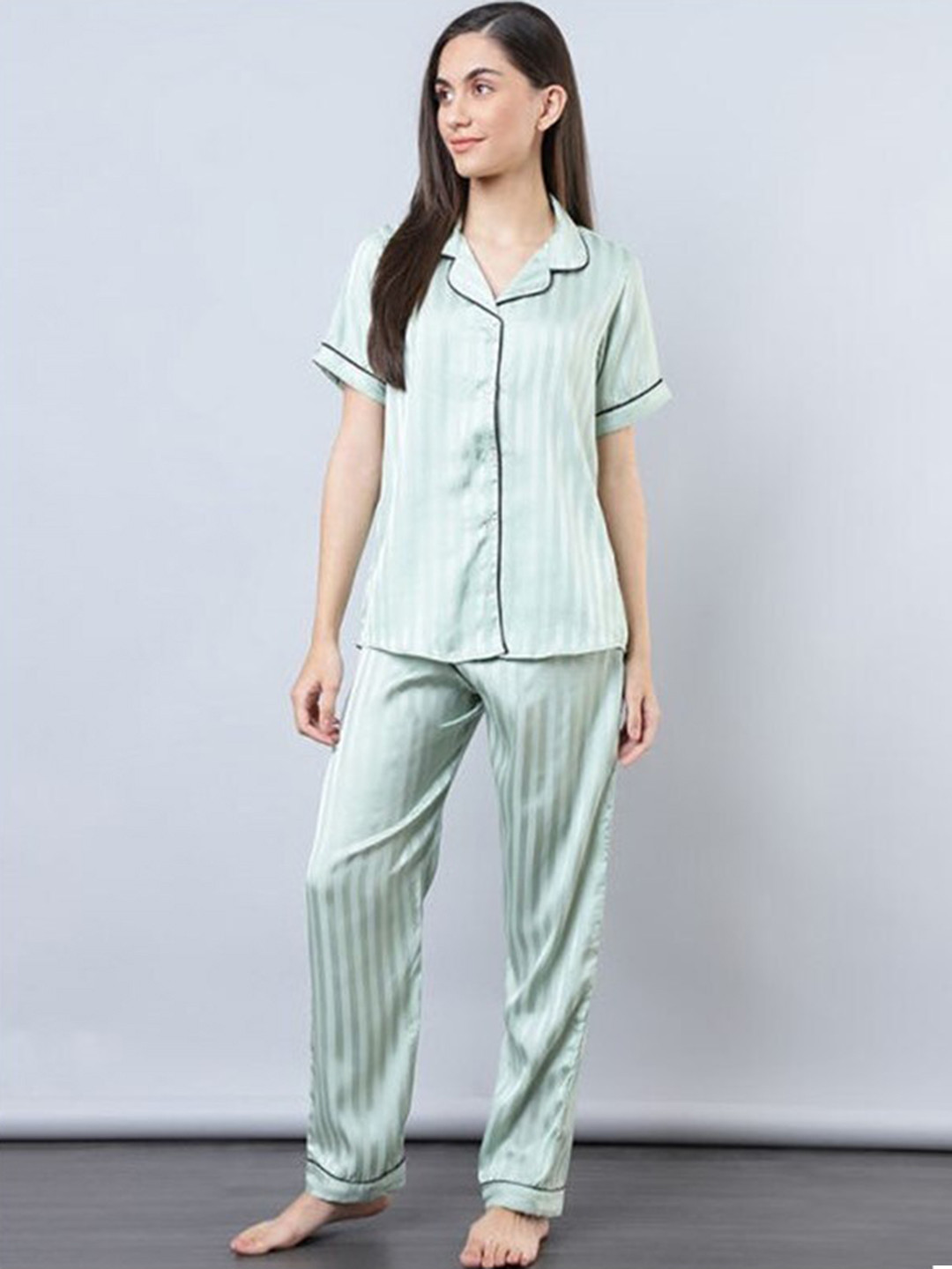 Aila Striped Lapel Collar Pure Cotton Night Suit, Sea green
Aila Striped Lapel Collar Pure Cotton Night Suit, Sea green