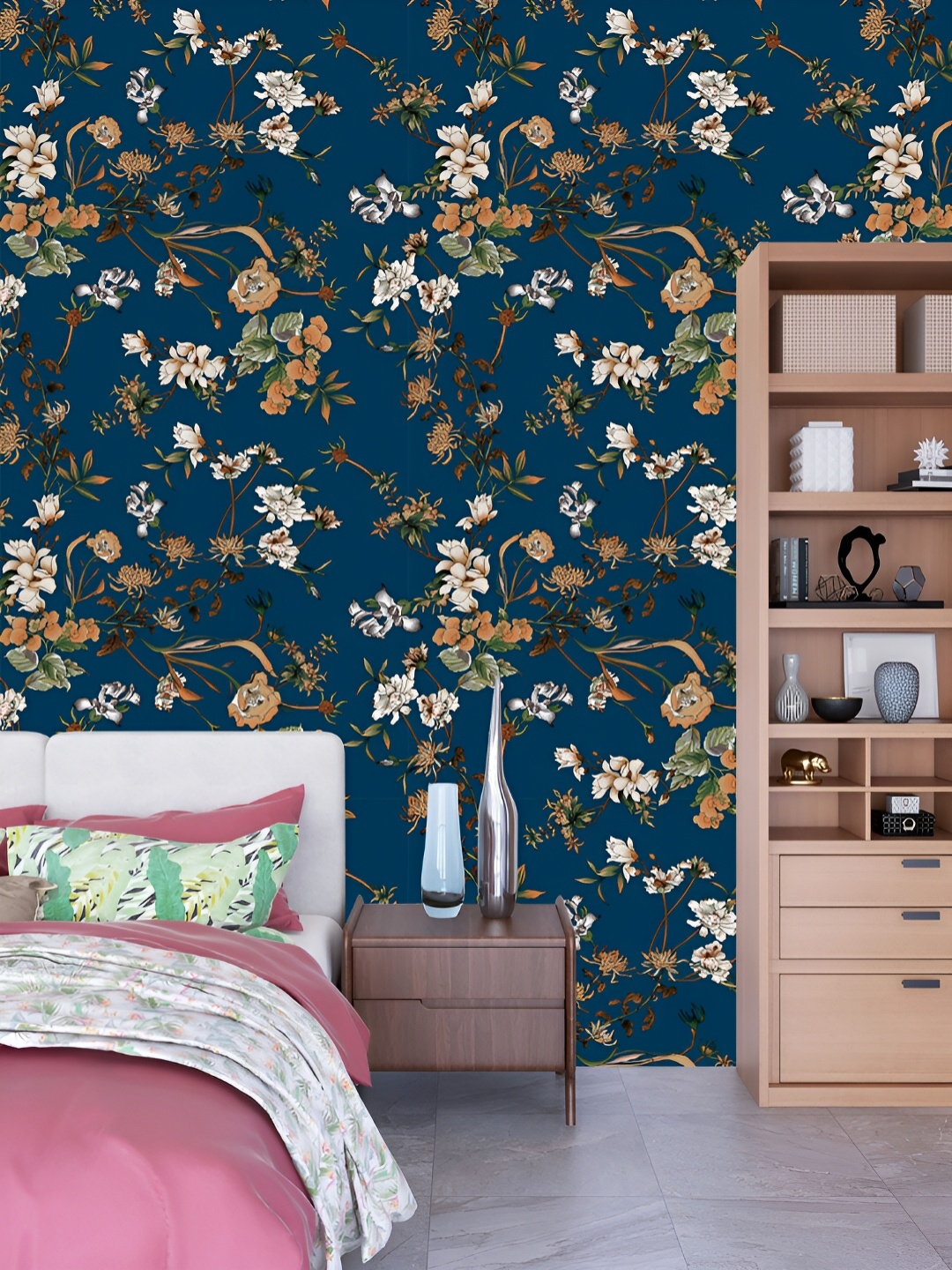 DWELLSINDIA Blue & Brown Floral Printed Self Adhesive Laminated Wallpaper