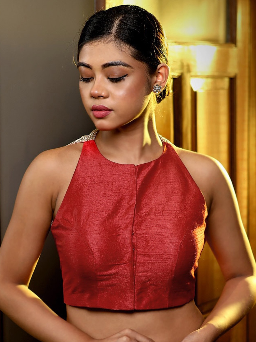 AllSilks Embellished Sleeveless Saree Blouse, Red