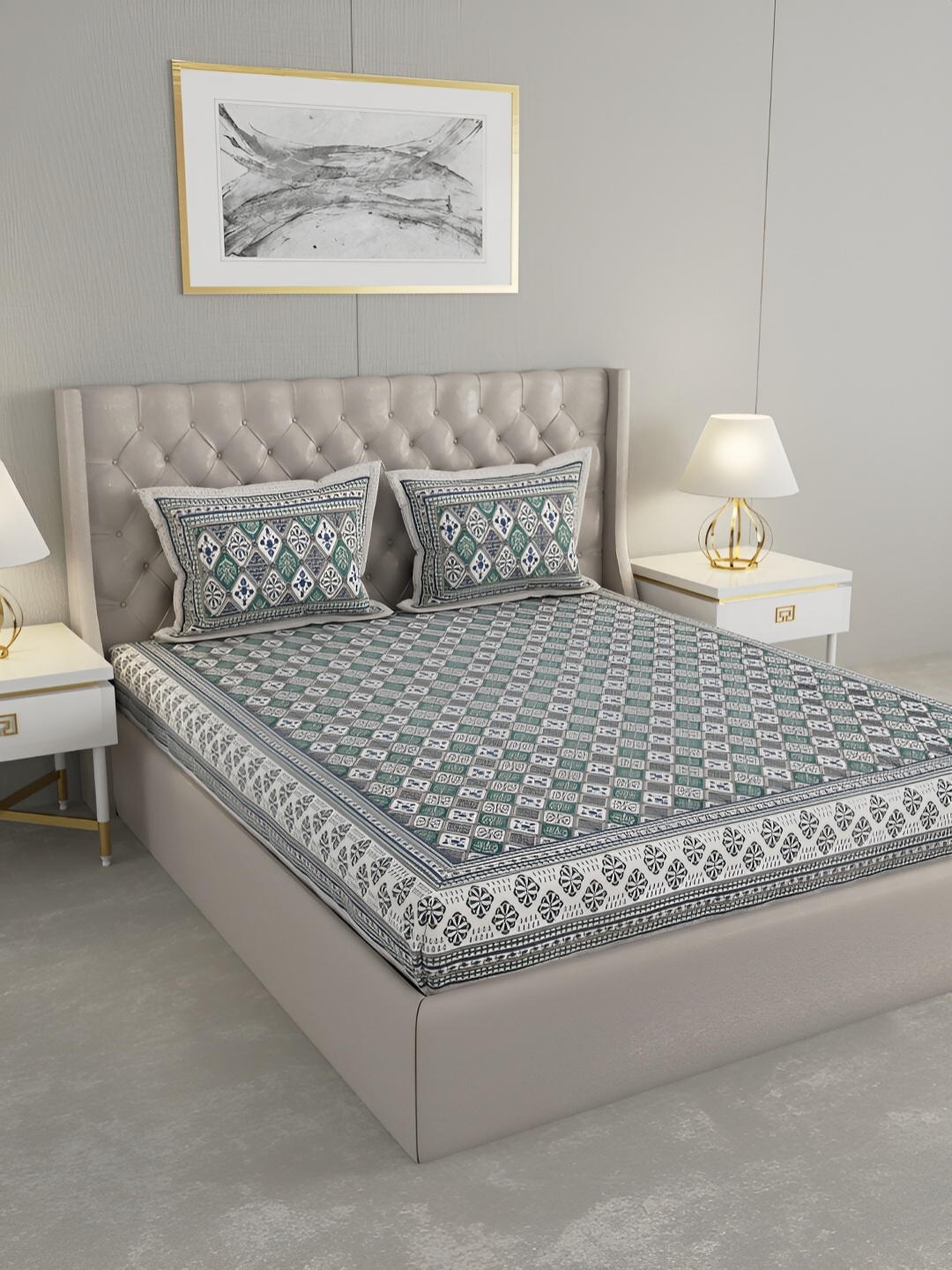 Wayne Martin Green & White Ethnic Motifs Cotton 330 TC King Bedsheet With 2 Pillow Covers
Wayne Martin Green & White Ethnic Motifs Cotton 330 TC King Bedsheet With 2 Pillow Covers
