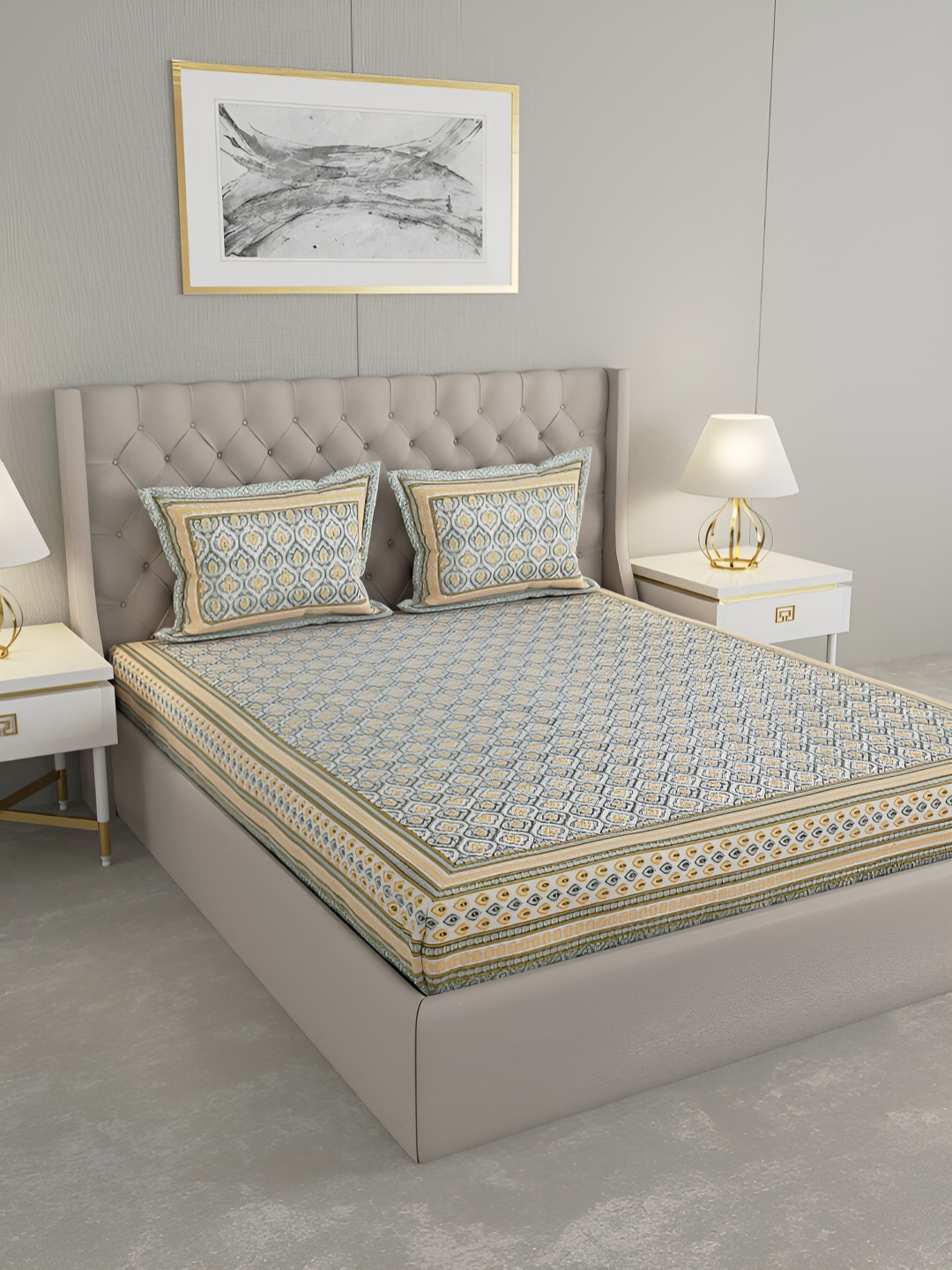 Wayne Martin Grey & Yellow Floral Printed Cotton 330 TC King Bedsheet With 2 Pillow Covers
Wayne Martin Grey & Yellow Floral Printed Cotton 330 TC King Bedsheet With 2 Pillow Covers