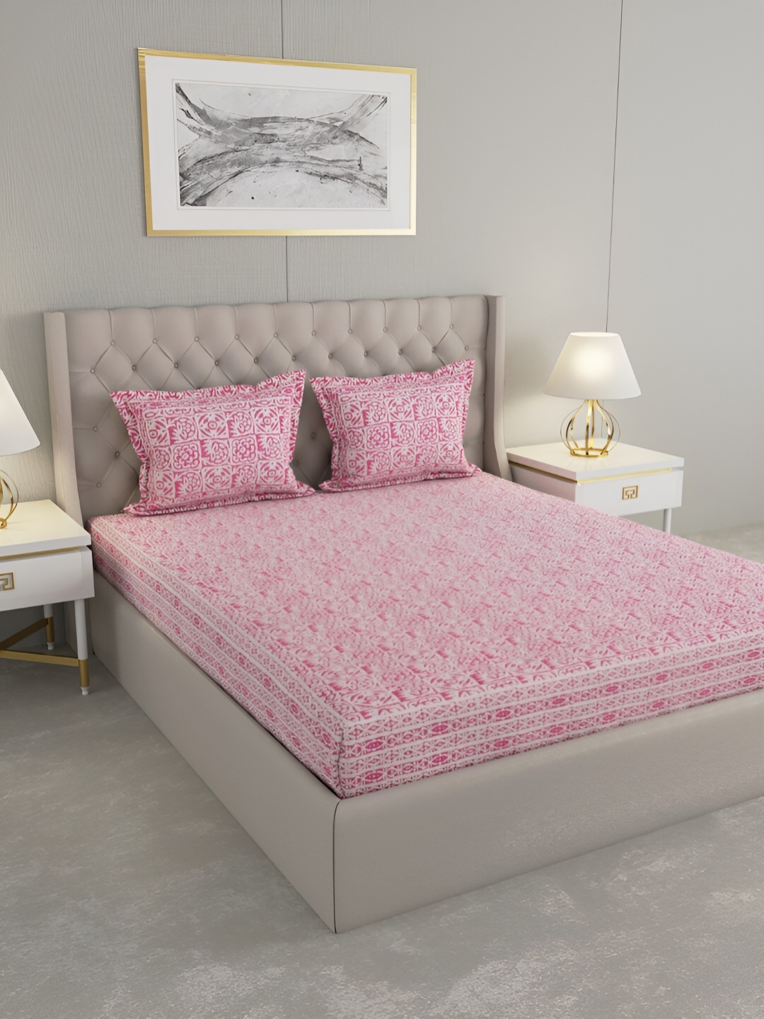 Wayne Martin Pink & White Ethnic Motifs Cotton 330 TC King Bedsheet With 2 Pillow Covers
Wayne Martin Pink & White Ethnic Motifs Cotton 330 TC King Bedsheet With 2 Pillow Covers