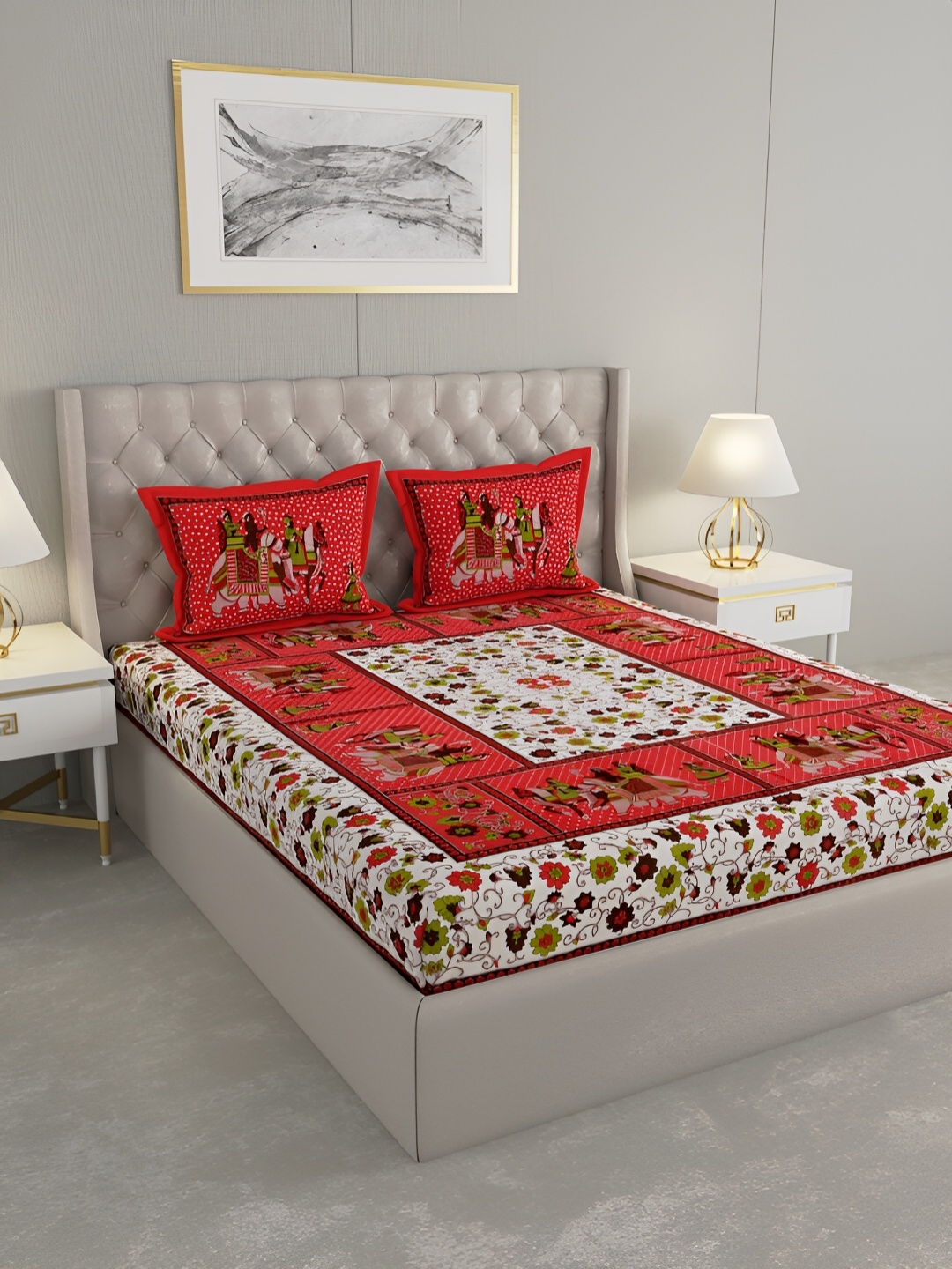 Wayne Martin Red & White Ethnic Motifs Cotton 330 TC King Bedsheet With 2 Pillow Covers
Wayne Martin Red & White Ethnic Motifs Cotton 330 TC King Bedsheet With 2 Pillow Covers