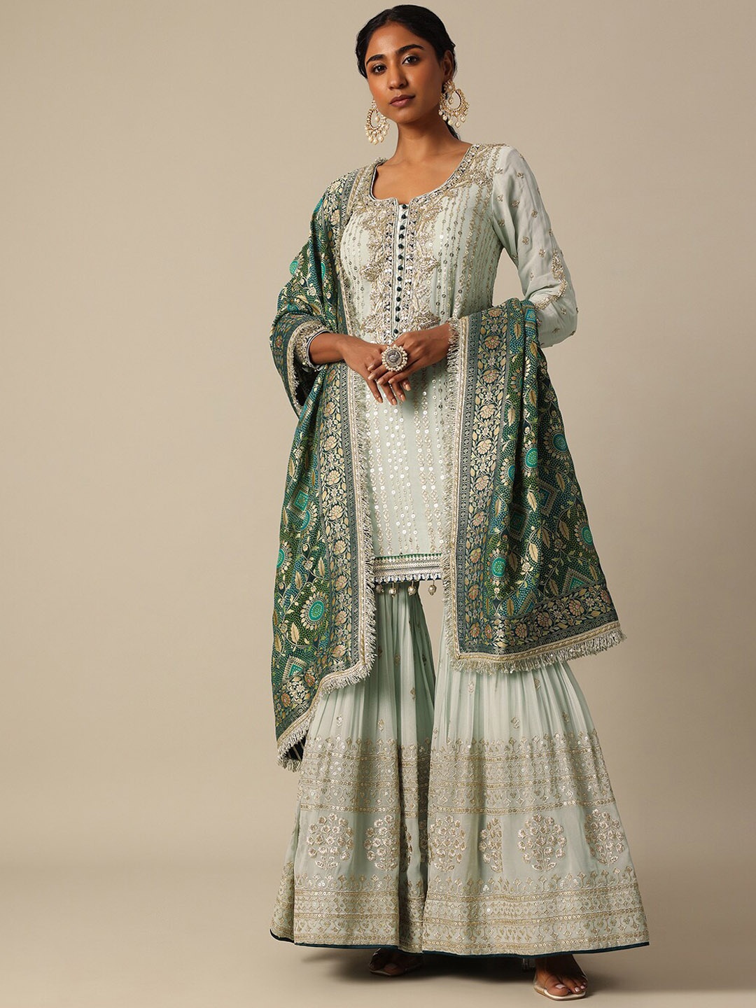 KALKI Fashion Ethnic Motifs Embroidered Kurta With Sharara & Dupatta, Sea green
KALKI Fashion Ethnic Motifs Embroidered Kurta With Sharara & Dupatta, Sea green