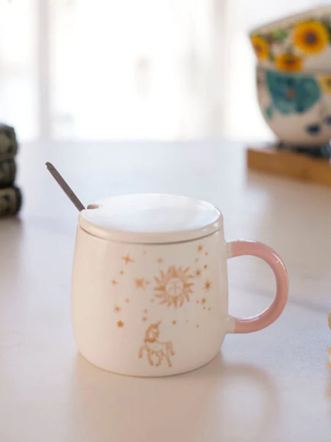 THEDECORKART Multicoloured Solid Ceramic Fashion Set of Cups and Mugs, Cream