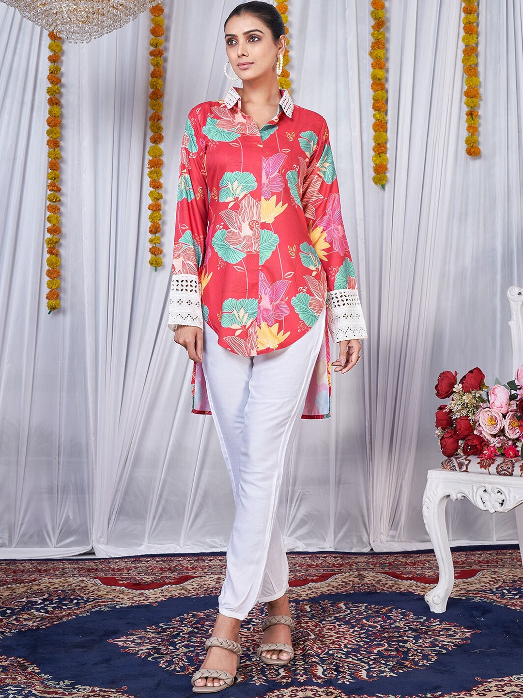 Virah Fashion Floral Printed Shirt Collar High Low Fusion Kurta with Trousers, Pink
Virah Fashion Floral Printed Shirt Collar High Low Fusion Kurta with Trousers, Pink
