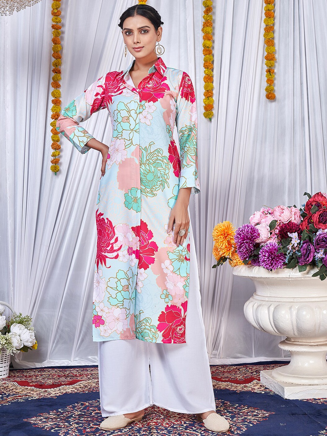 Virah Fashion Floral Printed Straight Shirt Collar Kurta with Palazzos, White
Virah Fashion Floral Printed Straight Shirt Collar Kurta with Palazzos, White