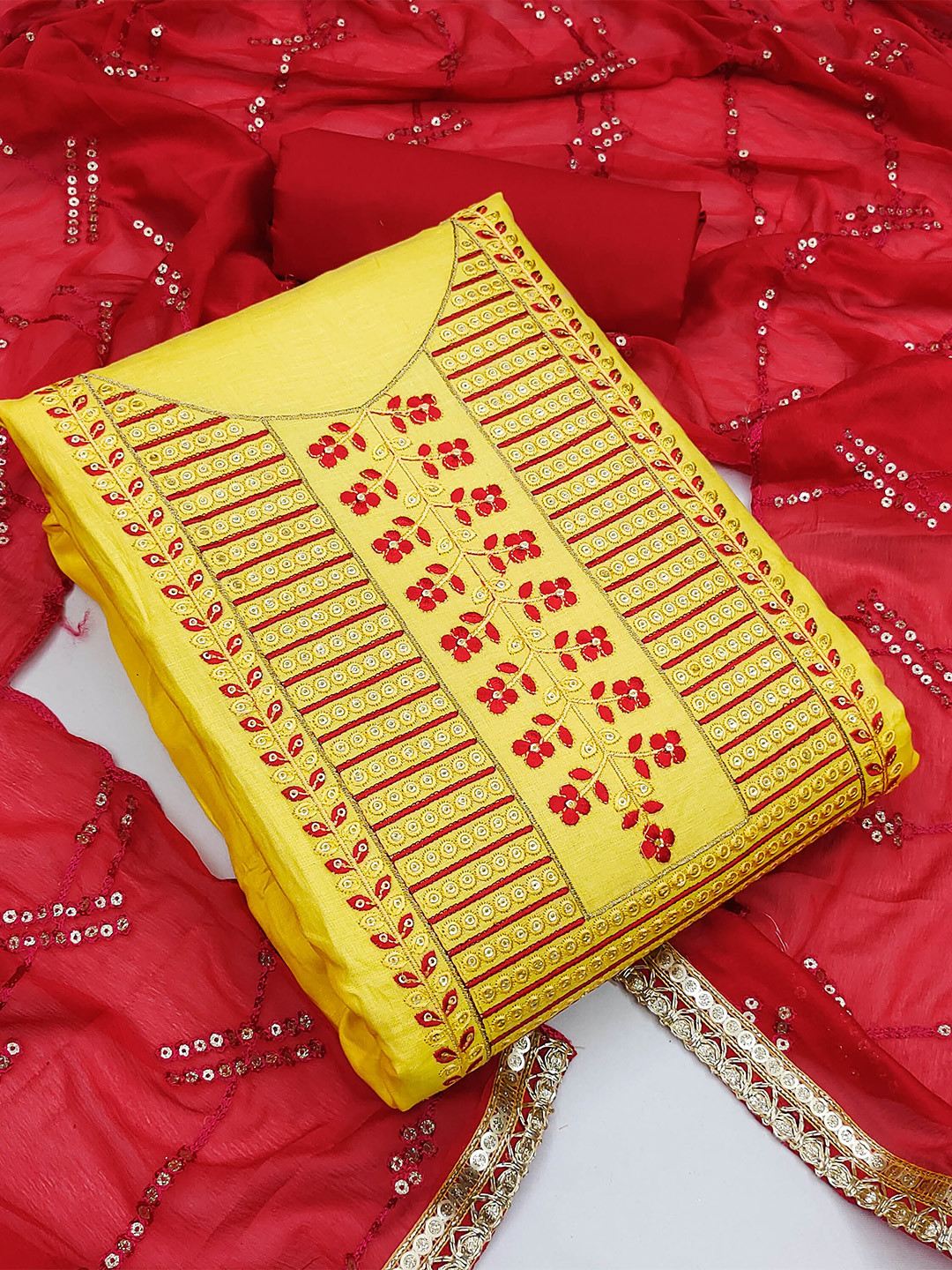 MANVAA Ethnic Motifs Embroidered Thread Work Detailed Unstitched Dress Material, Yellow
MANVAA Ethnic Motifs Embroidered Thread Work Detailed Unstitched Dress Material, Yellow