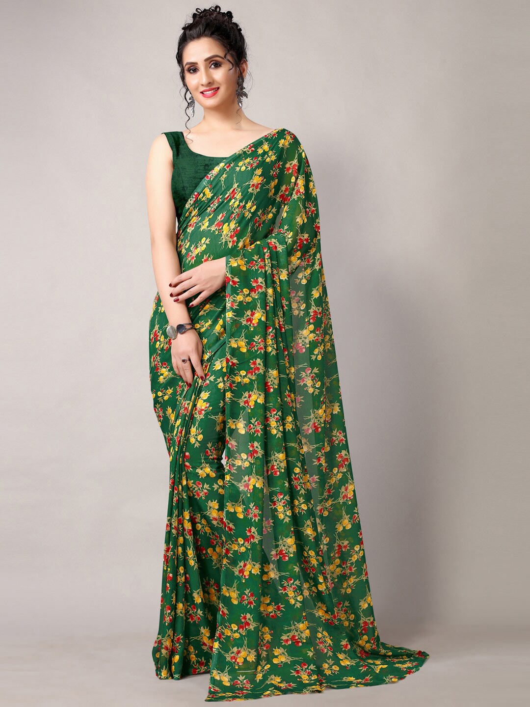 KALINI Floral Poly Georgette Saree, Green