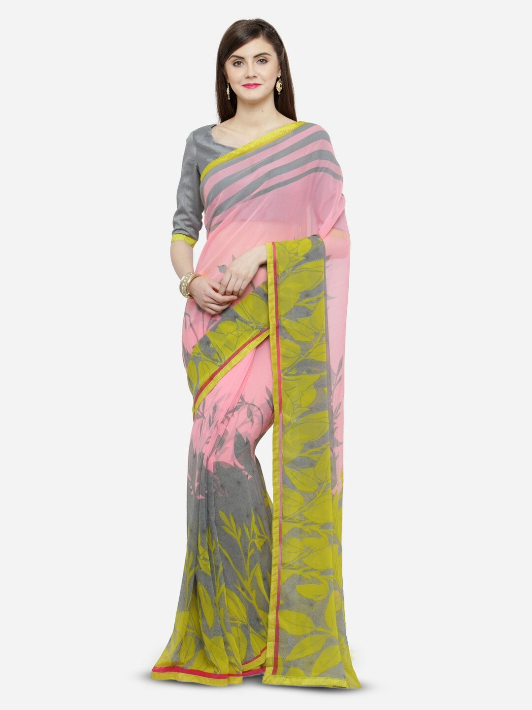 KALINI Floral Poly Georgette Saree, Green