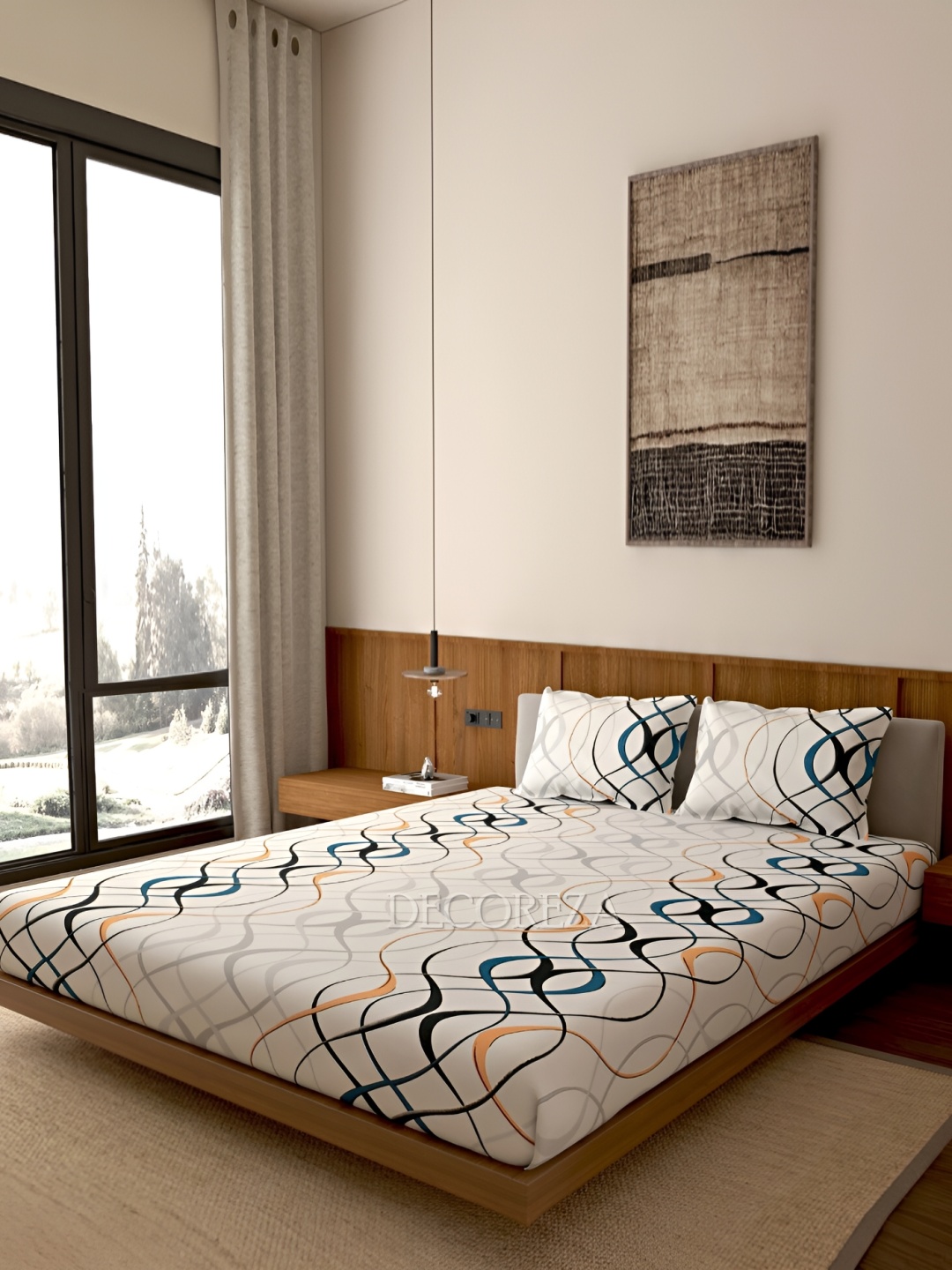 DECOREZA White & Black Graphic 260 TC Queen Bedsheet with 2 Pillow Covers