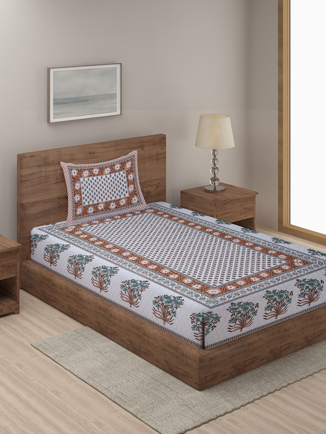 Rajasthan Decor White & Brown Floral Cotton 144 TC Single Bedsheet with 1 Pillow Cover
Rajasthan Decor White & Brown Floral Cotton 144 TC Single Bedsheet with 1 Pillow Cover