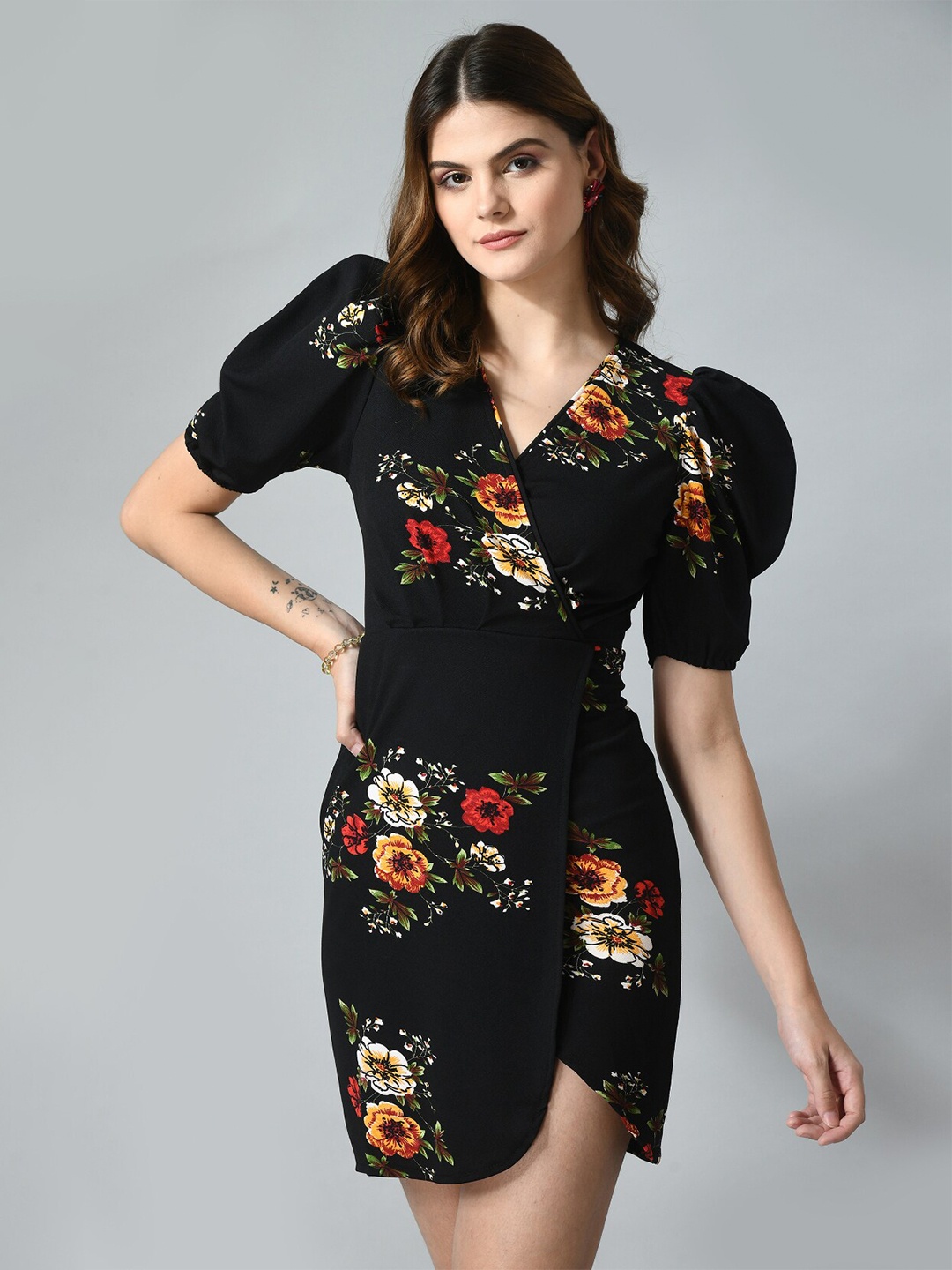 Moshe Floral Printed Puff Sleeves Dress, Black