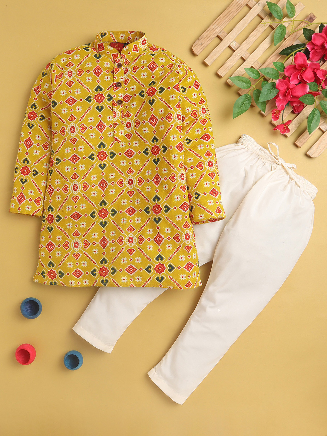 Jeetethnics Boys Ethnic Motifs Printed Mandarin Collar Cotton Silk Kurta With Pyjamas, Yellow 
Jeetethnics Boys Ethnic Motifs Printed Mandarin Collar Cotton Silk Kurta With Pyjamas, Yellow