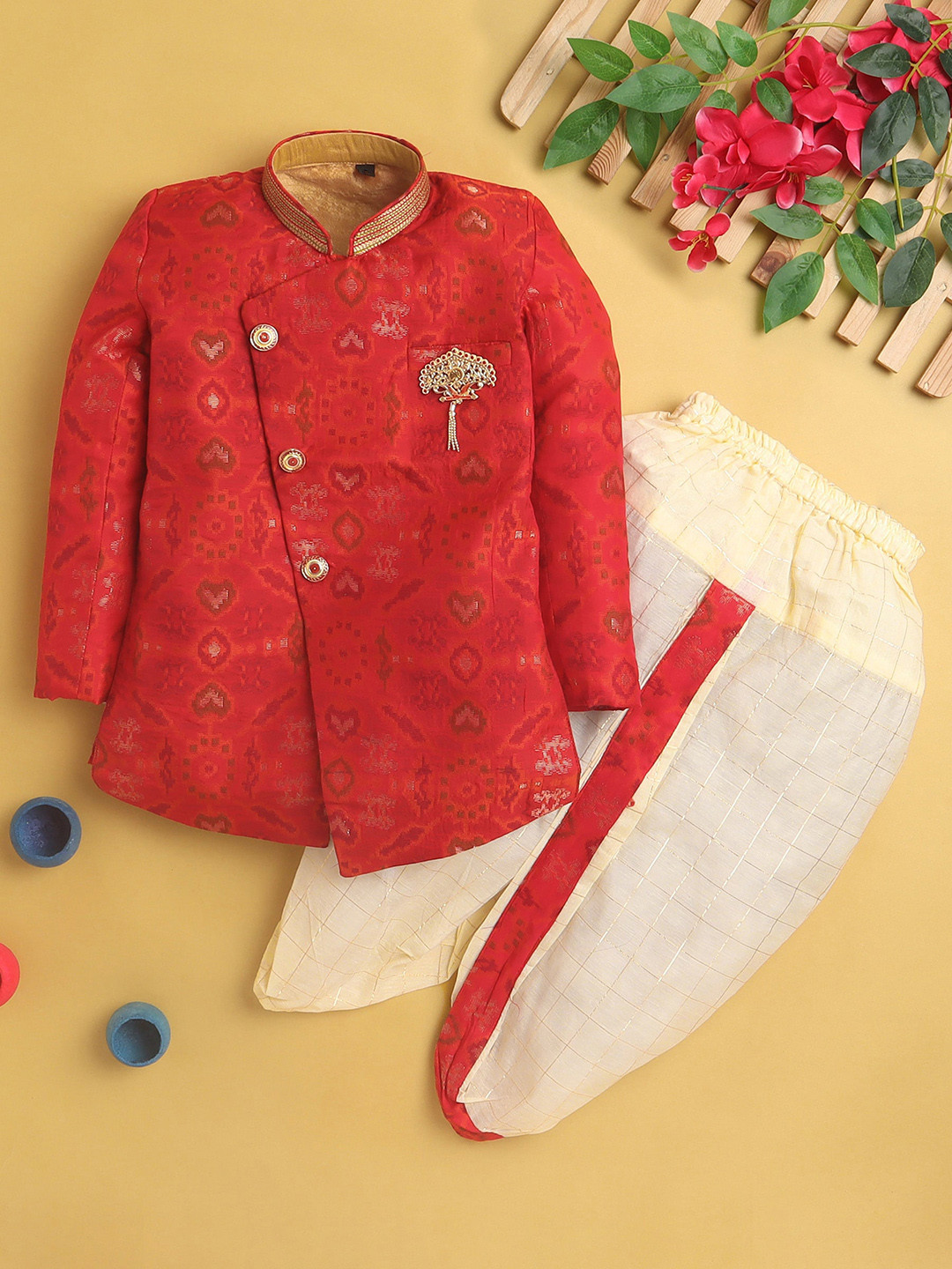 Jeetethnics Boys Ethnic Motifs Woven Design Cotton Silk Kurta With Dhoti Pants, Red
Jeetethnics Boys Ethnic Motifs Woven Design Cotton Silk Kurta With Dhoti Pants, Red