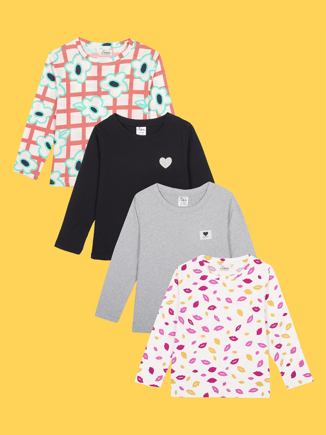 Anthrilo Girls Pack Of 4 Full Sleeves T-shirts, Black