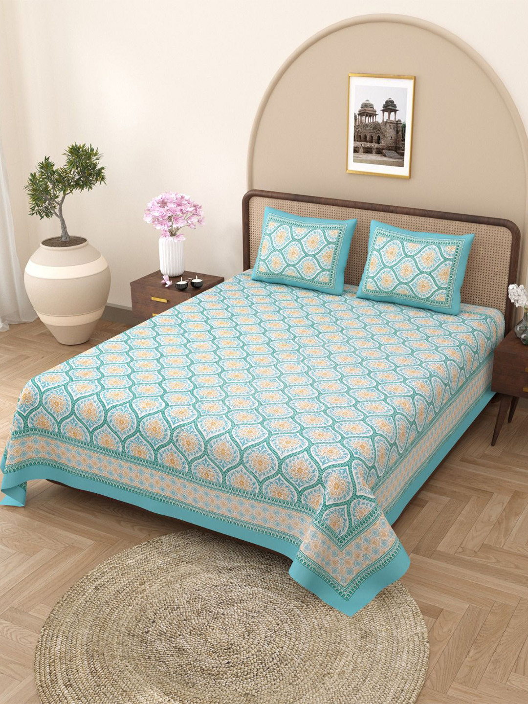 Rajasthanikart Green & White Floral Cotton 144 TC Fitted King Bedsheet & 2 Pillow Covers
Rajasthanikart Green & White Floral Cotton 144 TC Fitted King Bedsheet & 2 Pillow Covers