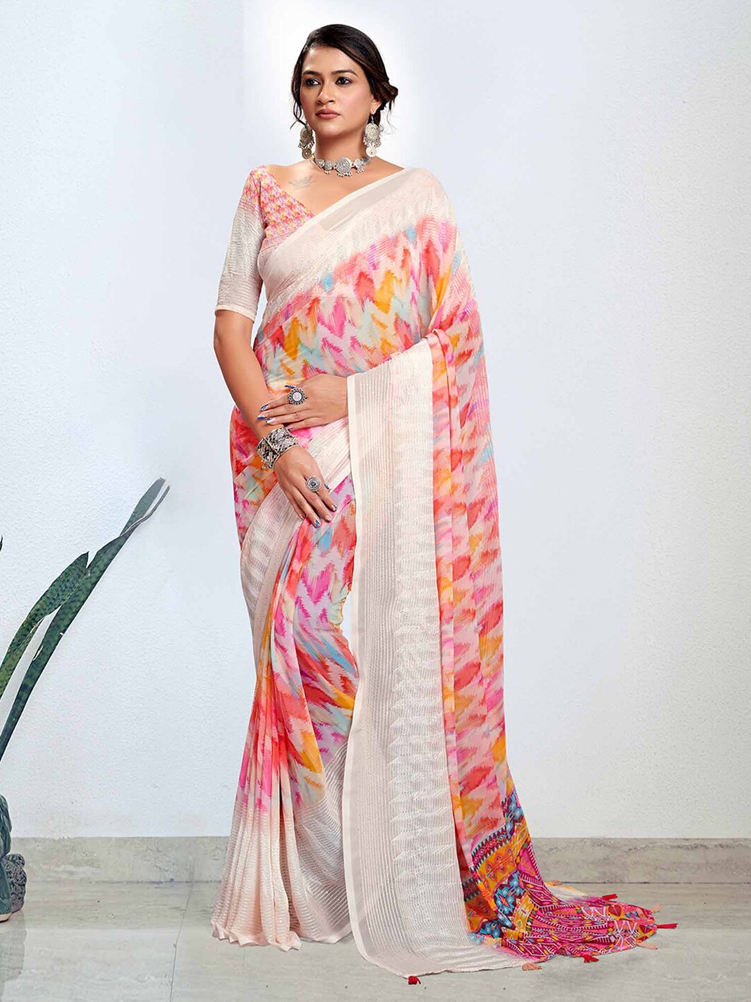 Mitera Abstract Printed Pure Georgette Bagh Saree, Red