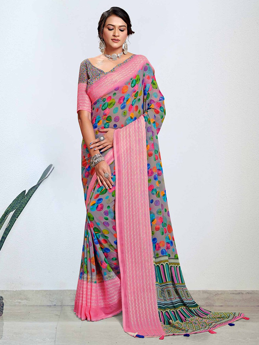 Mitera Grey Floral Printed Pure Georgette Bagh Saree