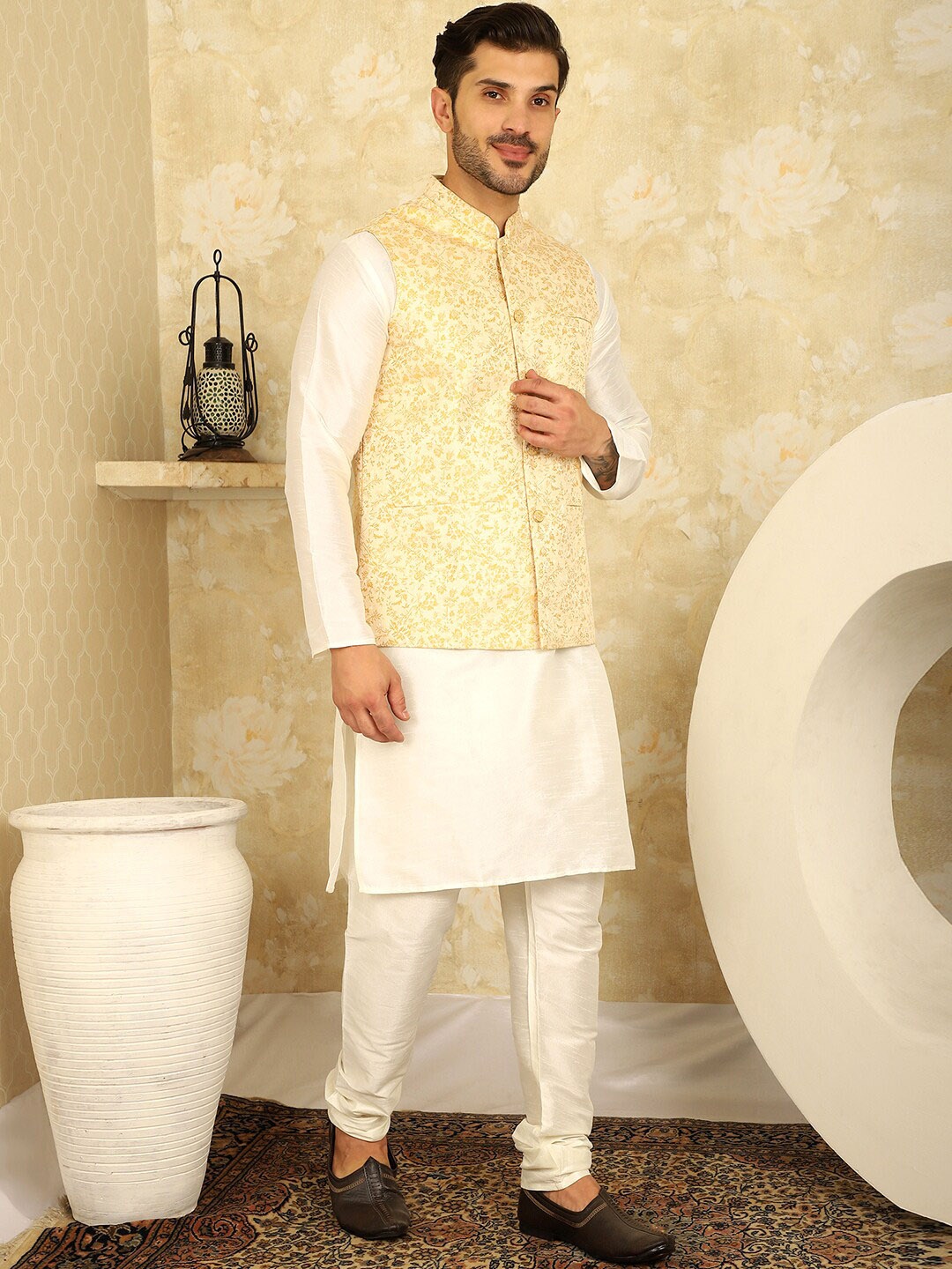 Jompers Mandarin Collar Straight Kurta with Churidar & Woven Design Nehru Jacket, Gold
Jompers Mandarin Collar Straight Kurta with Churidar & Woven Design Nehru Jacket, Gold