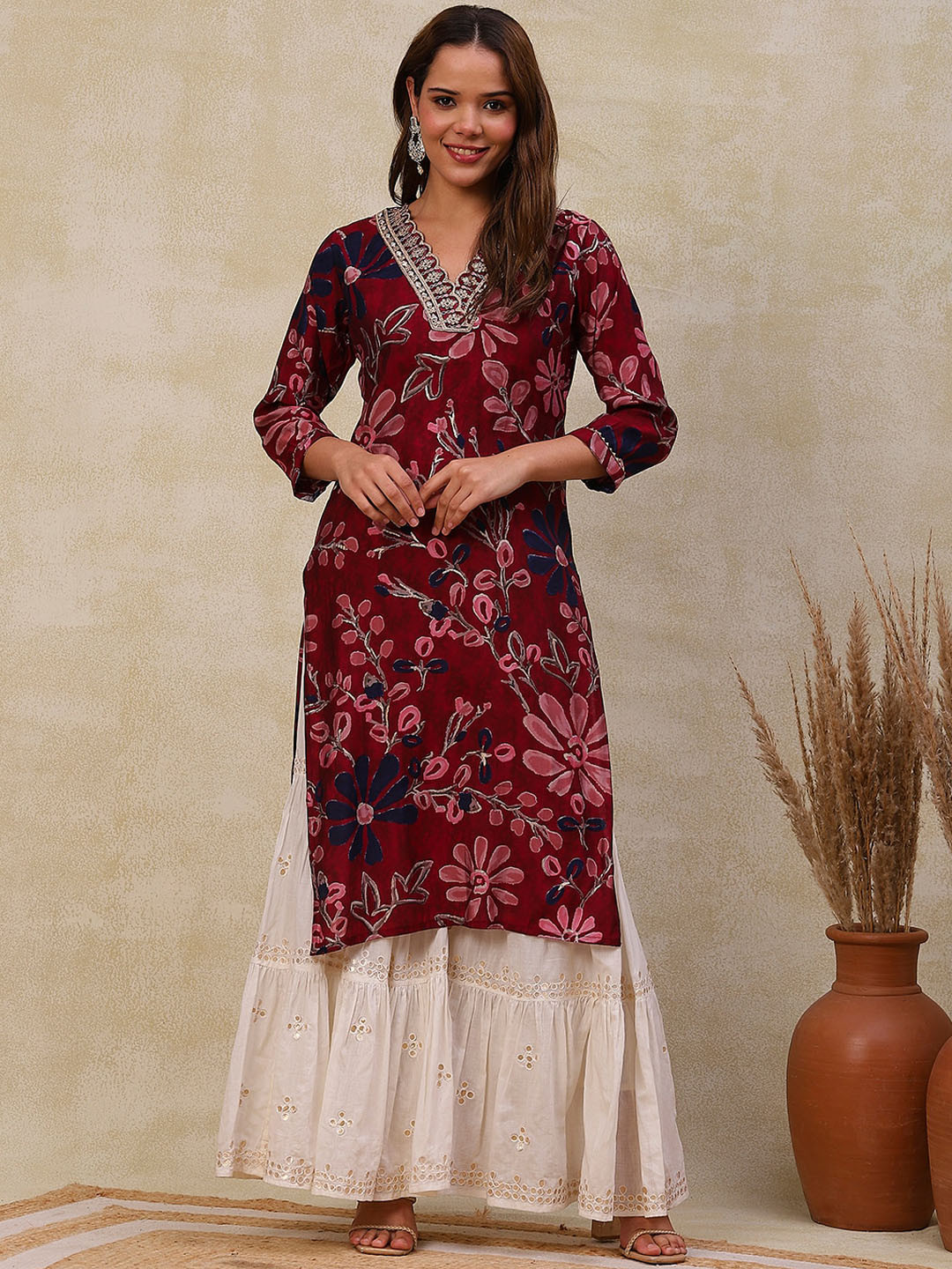FASHOR Floral Printed A-Line Kurta, Burgundy 
FASHOR Floral Printed A-Line Kurta, Burgundy