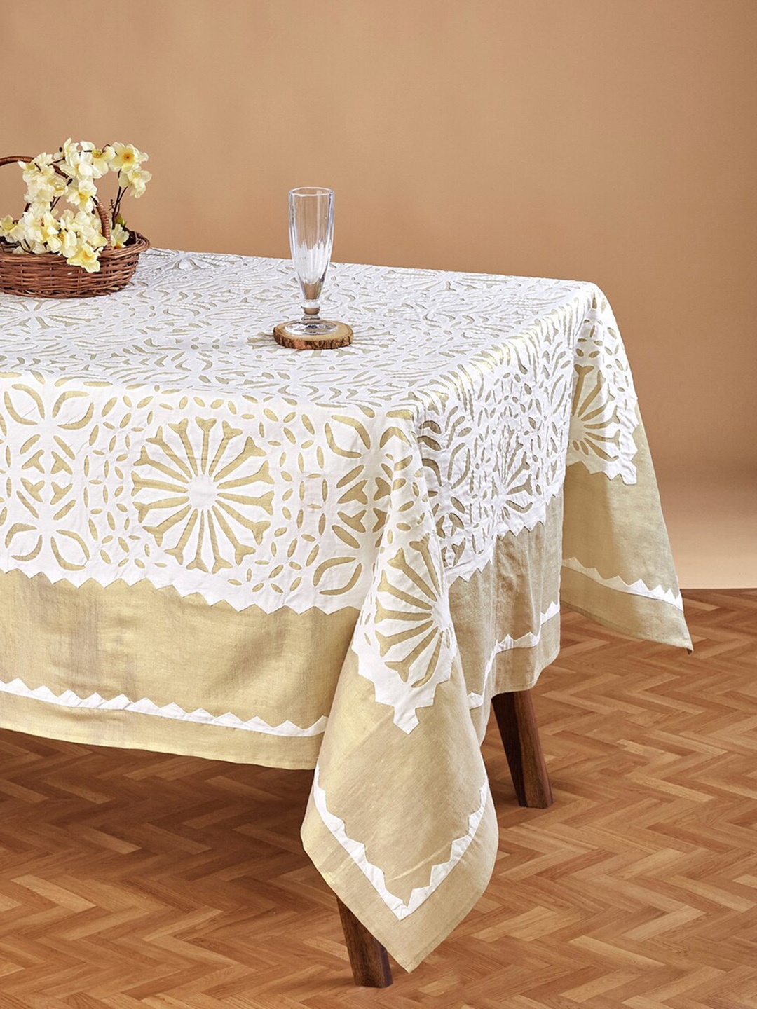 Fabindia White & Beige Cotton 6 Seater Rectangle Table Covers