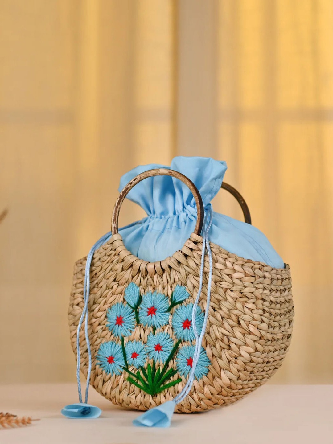 DecorTwist Floral Embroidered Structured Handheld Bag, Beige