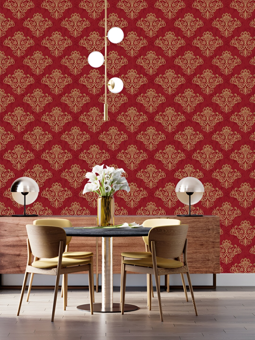 DWELLSINDIA Beige & Red Printed Self Adhesive Wallpaper