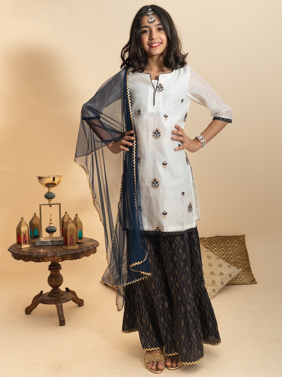 BAESD Girls Ethnic Motifs Embroidered Chanderi Cotton Kurta With Sharara & Dupatta, Blue
BAESD Girls Ethnic Motifs Embroidered Chanderi Cotton Kurta With Sharara & Dupatta, Blue