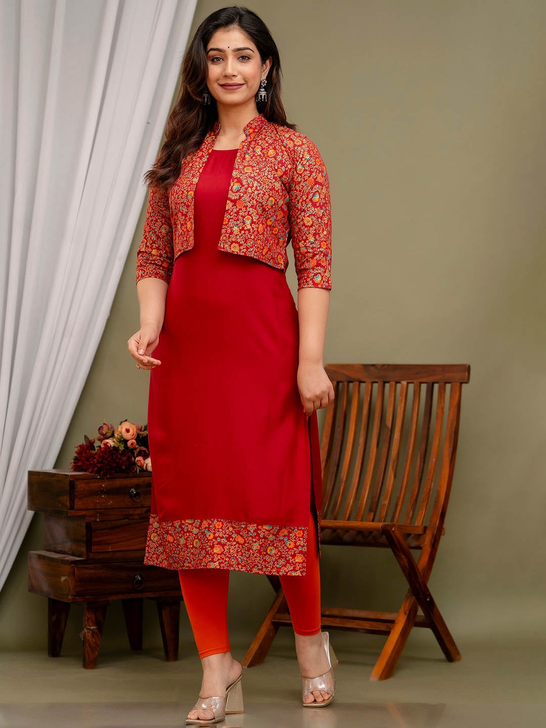 Mialo fashion Round Neck kurta with jacket, Red