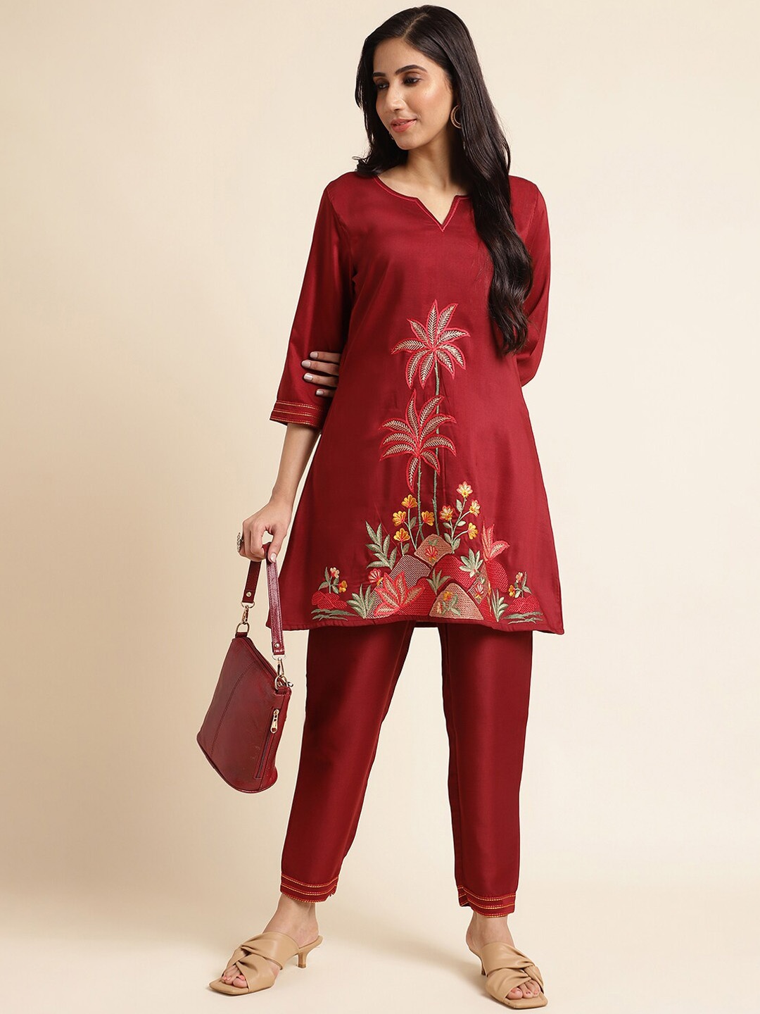 FABMORA Floral Embroidered Pure Silk Tunic With Trouser Co-ords, Maroon
FABMORA Floral Embroidered Pure Silk Tunic With Trouser Co-ords, Maroon