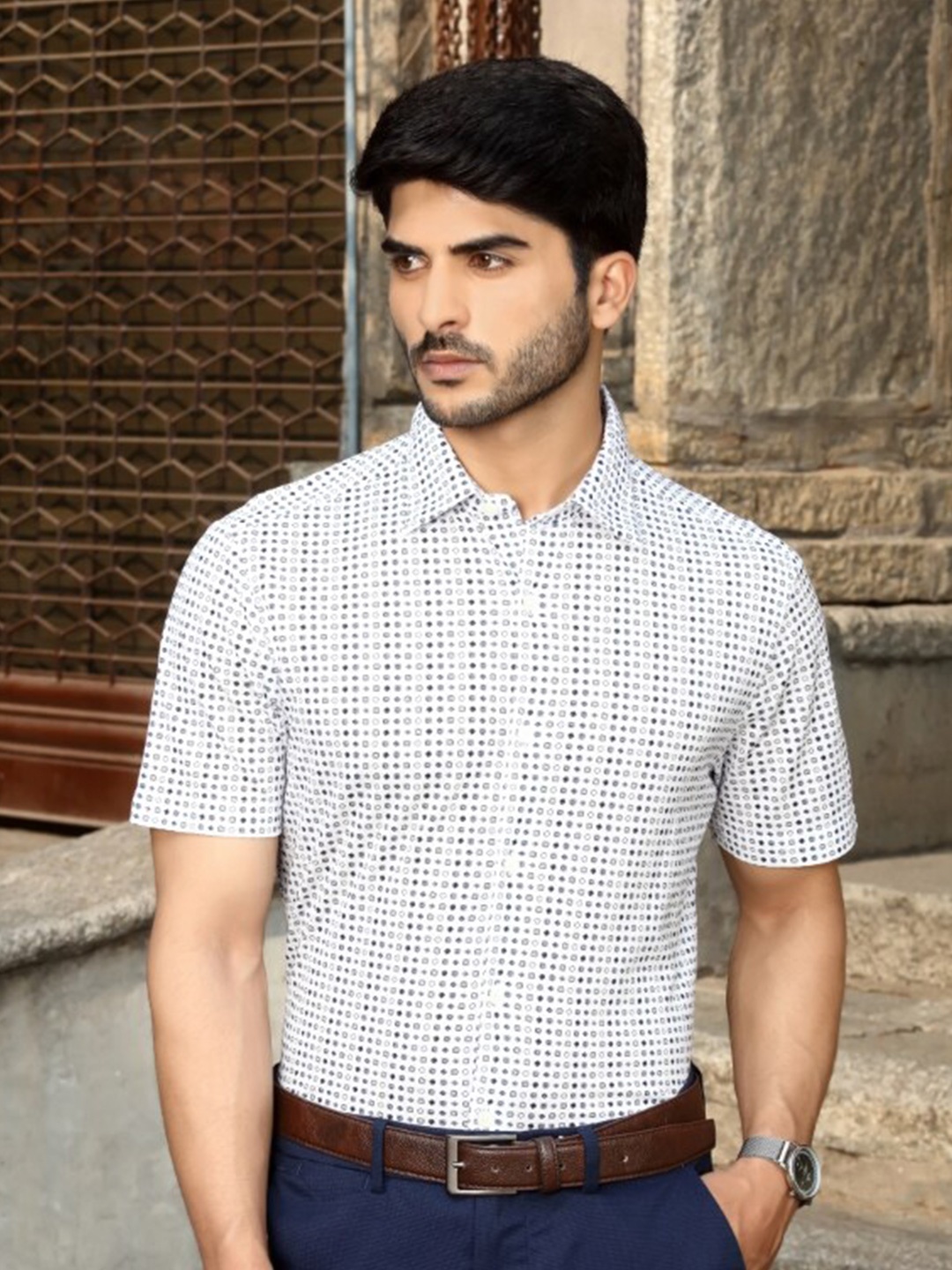 Melvin Jones Comfort Slim Fit Micro Ditsy Printed Knitted Pure Cotton Formal Shirt, Blue
Melvin Jones Comfort Slim Fit Micro Ditsy Printed Knitted Pure Cotton Formal Shirt, Blue