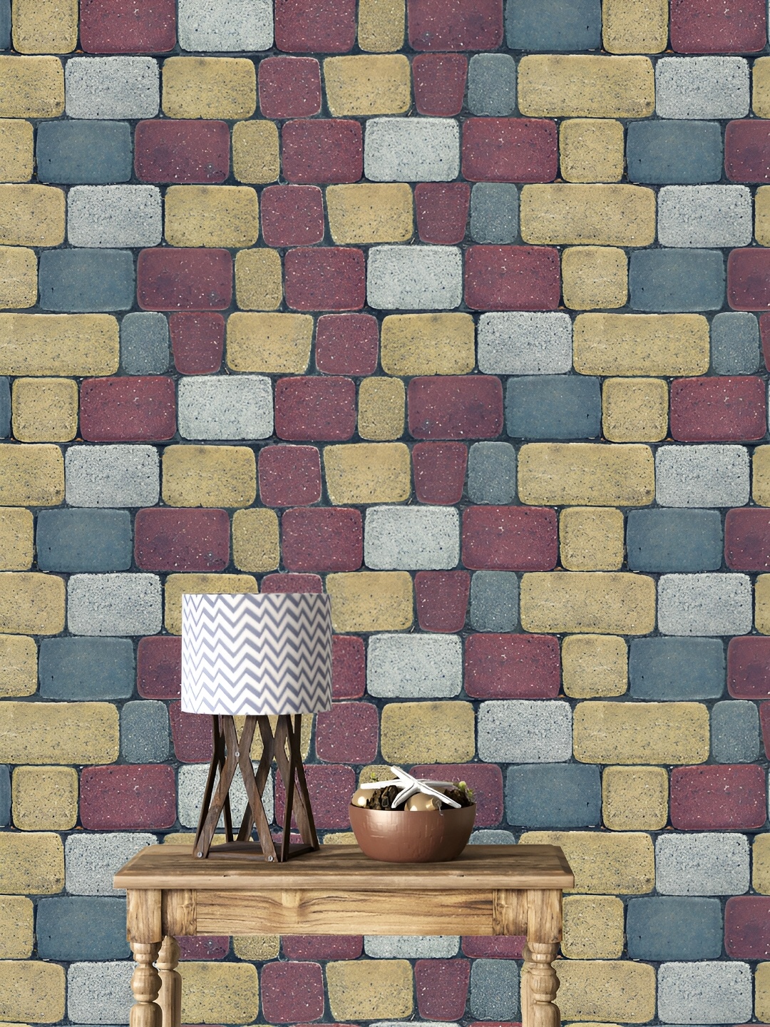 DWELLSINDIA Maroon & Yellow Bricks Pattern Self Adhesive Waterproof Removable Wallpaper